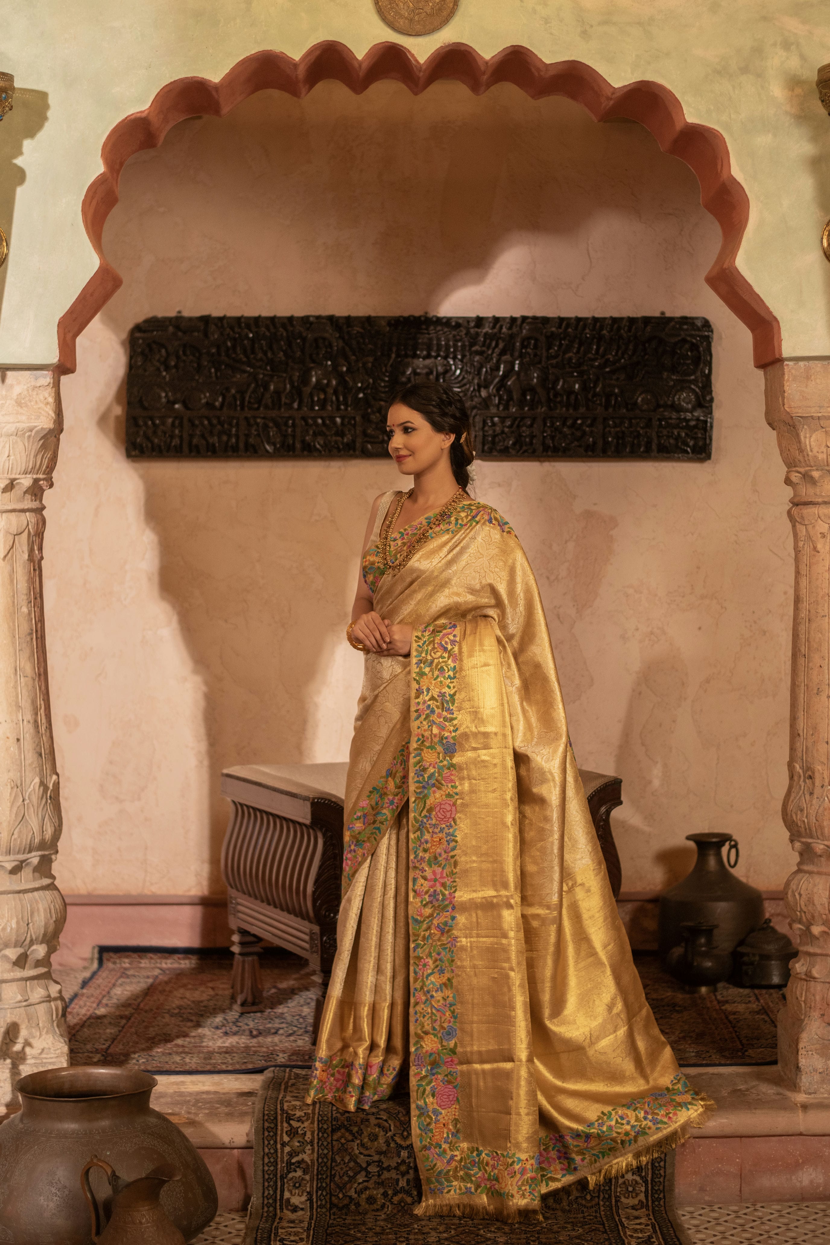 Pure Zari Kanjivaram Fusion Saree with Petite Hand Embroidery
