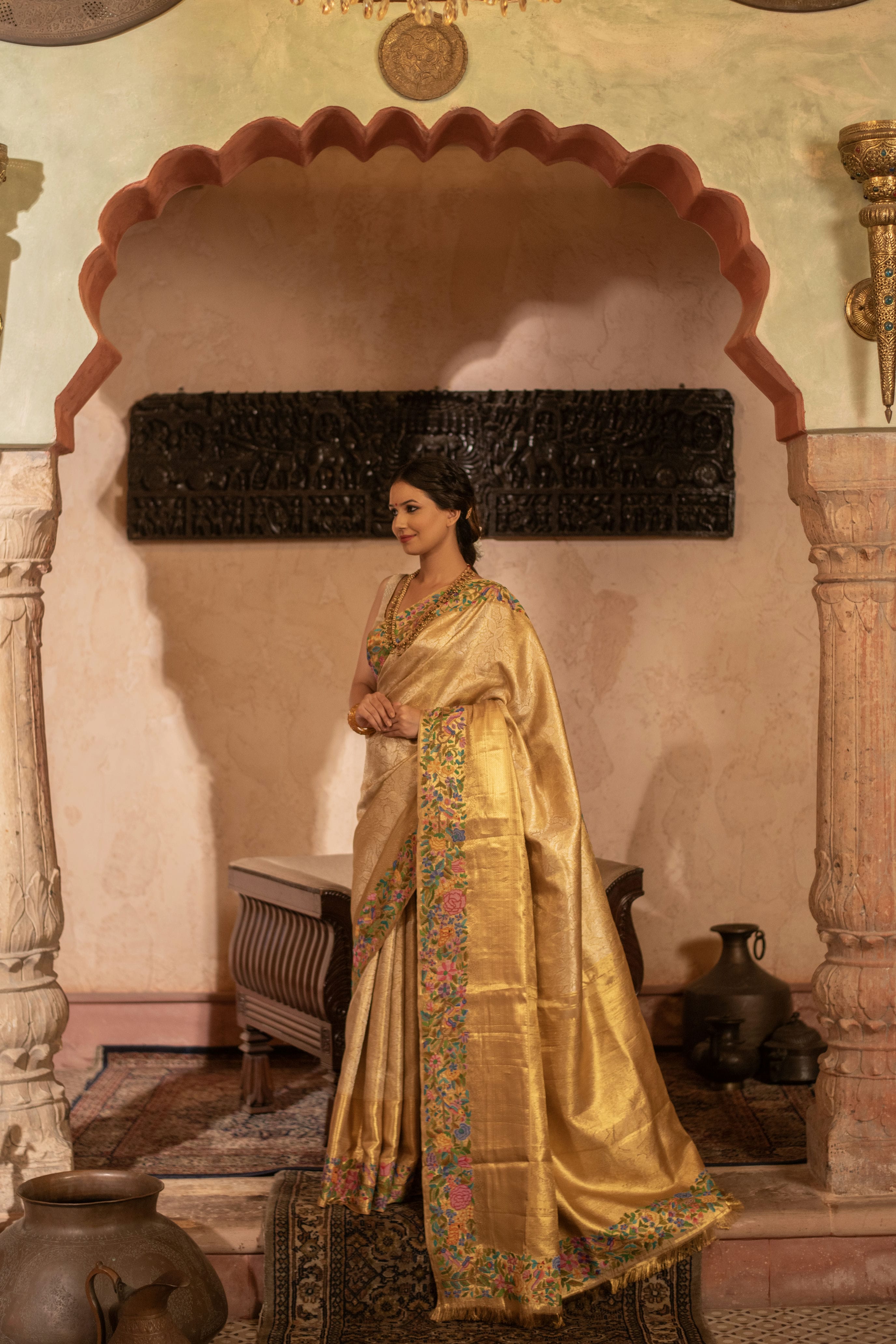 Pure Zari Kanjivaram Fusion Saree with Petite Hand Embroidery