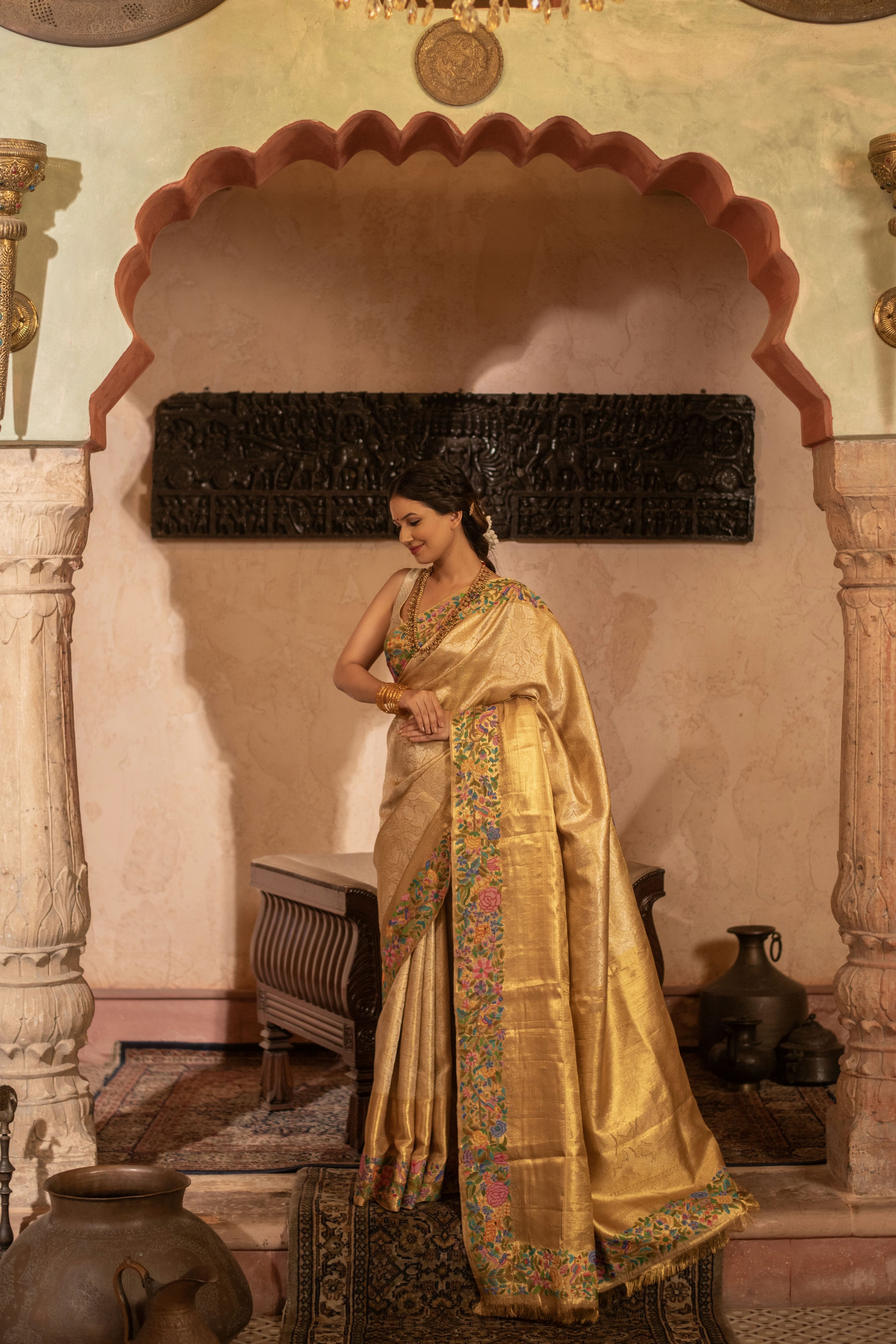 Pure Zari Kanjivaram Fusion Saree with Petite Hand Embroidery