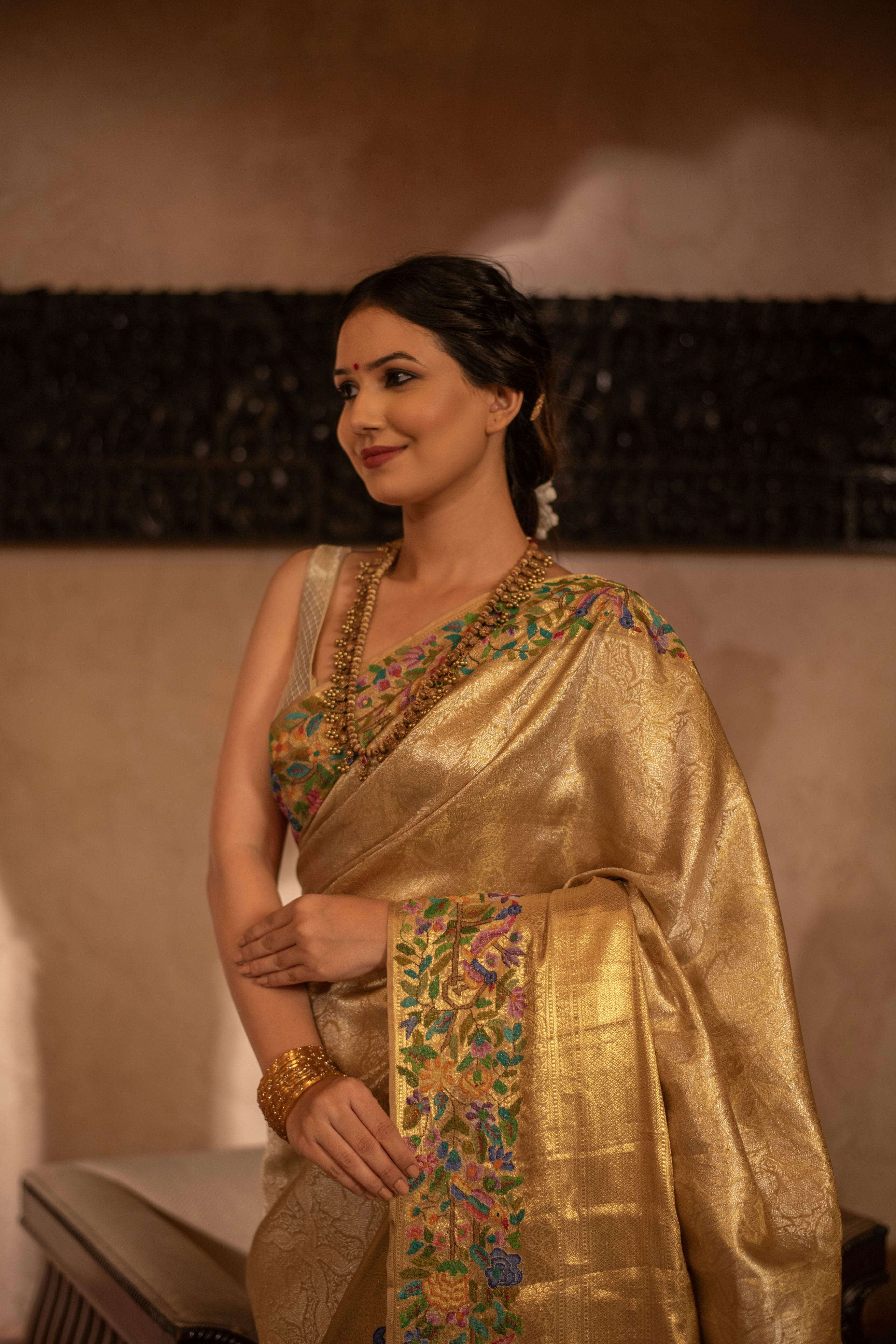 Pure Zari Kanjivaram Fusion Saree with Petite Hand Embroidery