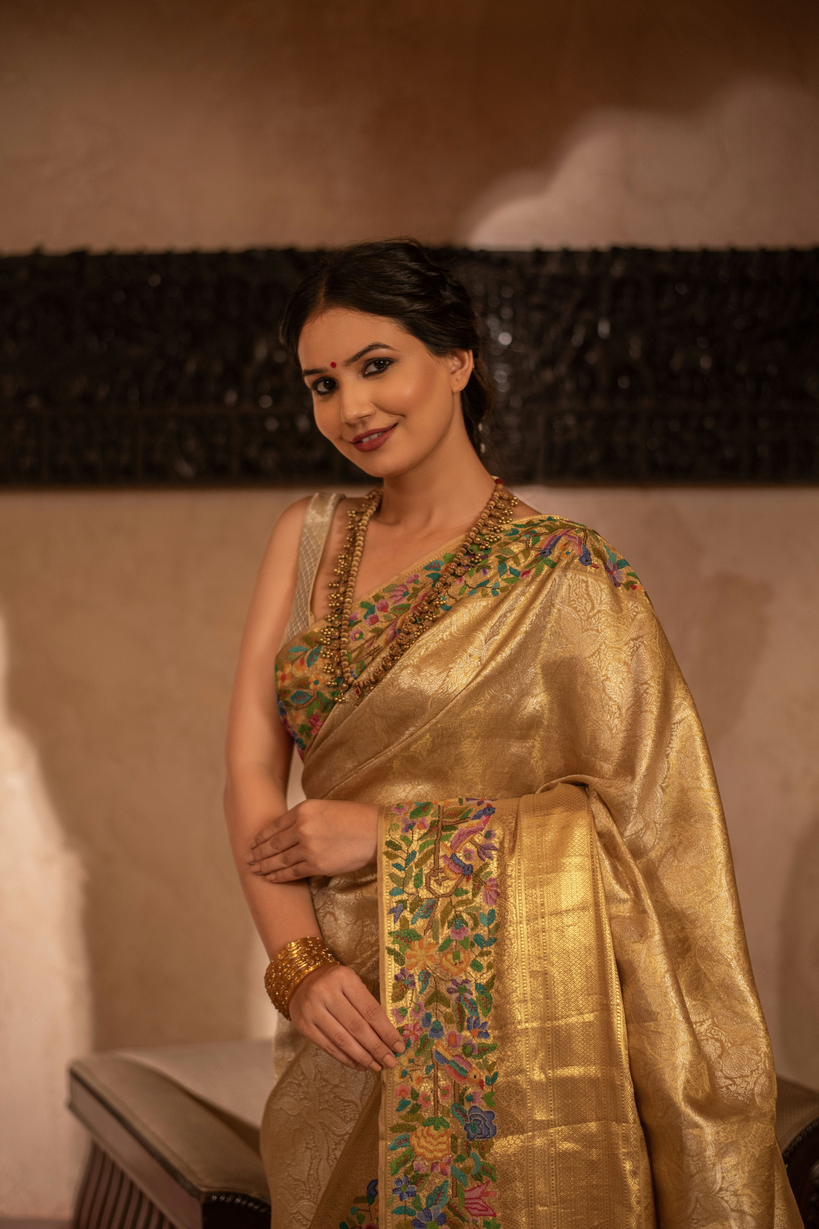 Pure Zari Kanjivaram Fusion Saree with Petite Hand Embroidery
