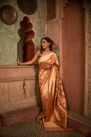 Peach Katan Silk Saree with Exquisite Shikargah Weave