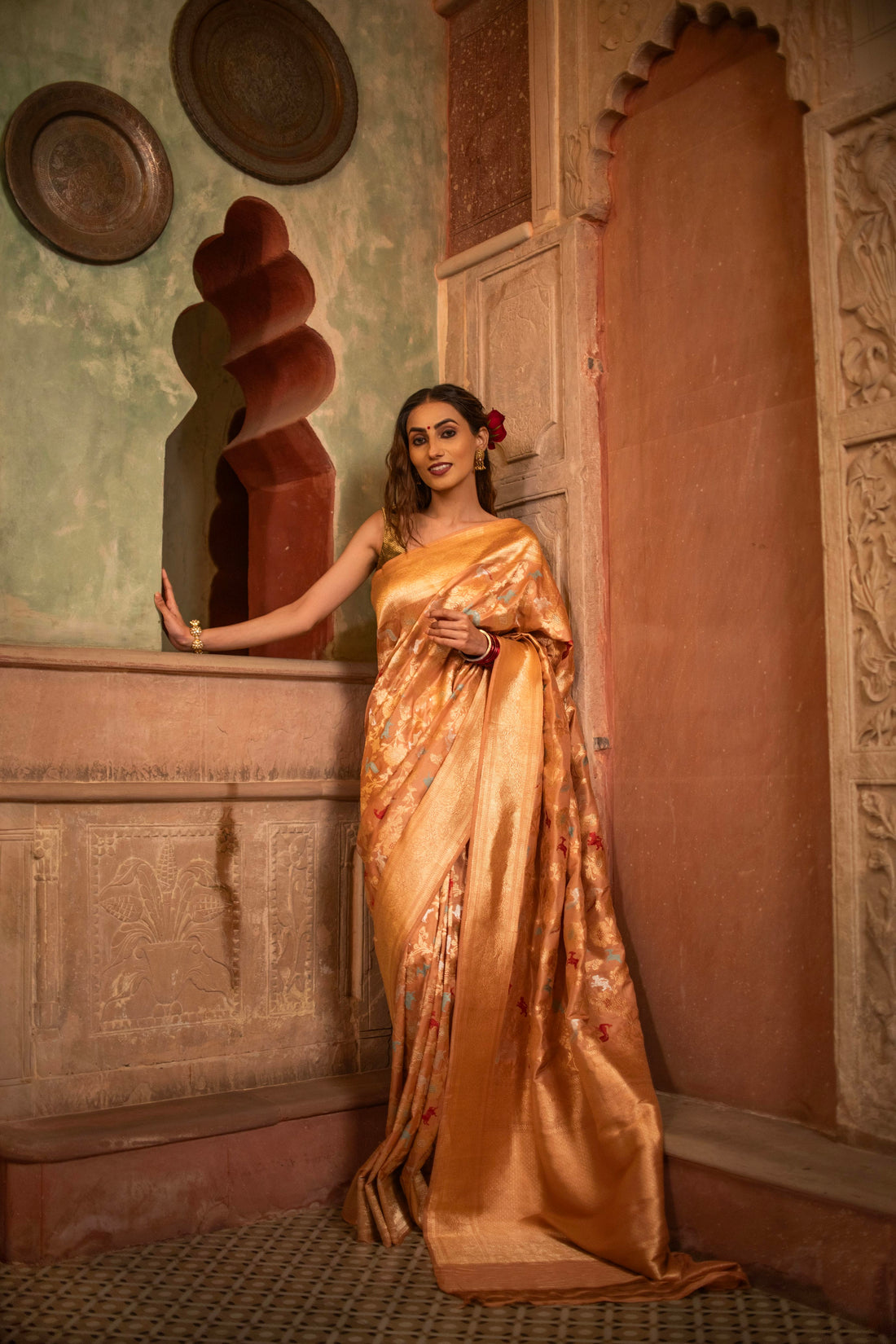 Peach Katan Silk Saree with Exquisite Shikargah Weave