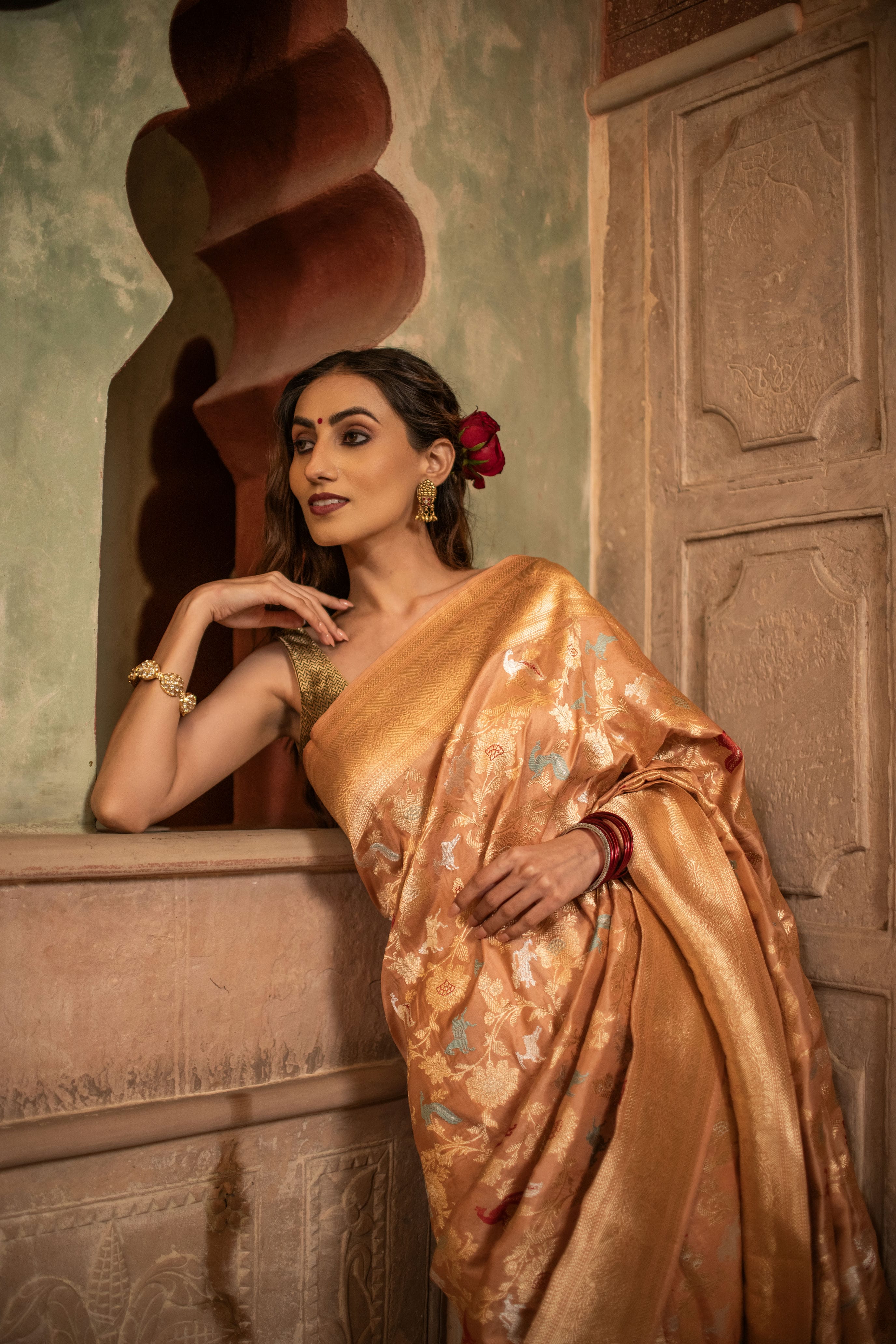 Peach Katan Silk Saree with Exquisite Shikargah Weave