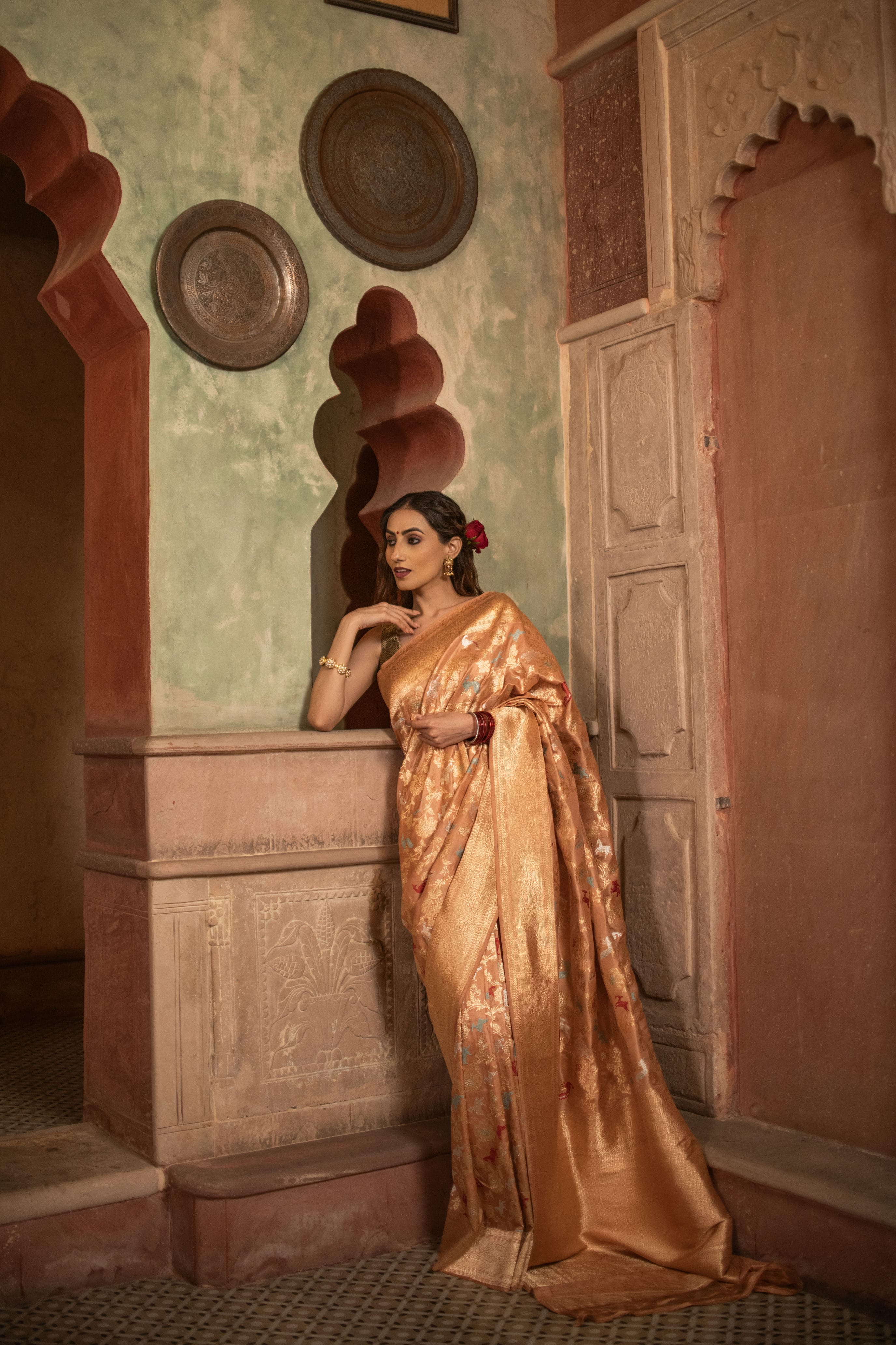 Peach Katan Silk Saree with Exquisite Shikargah Weave