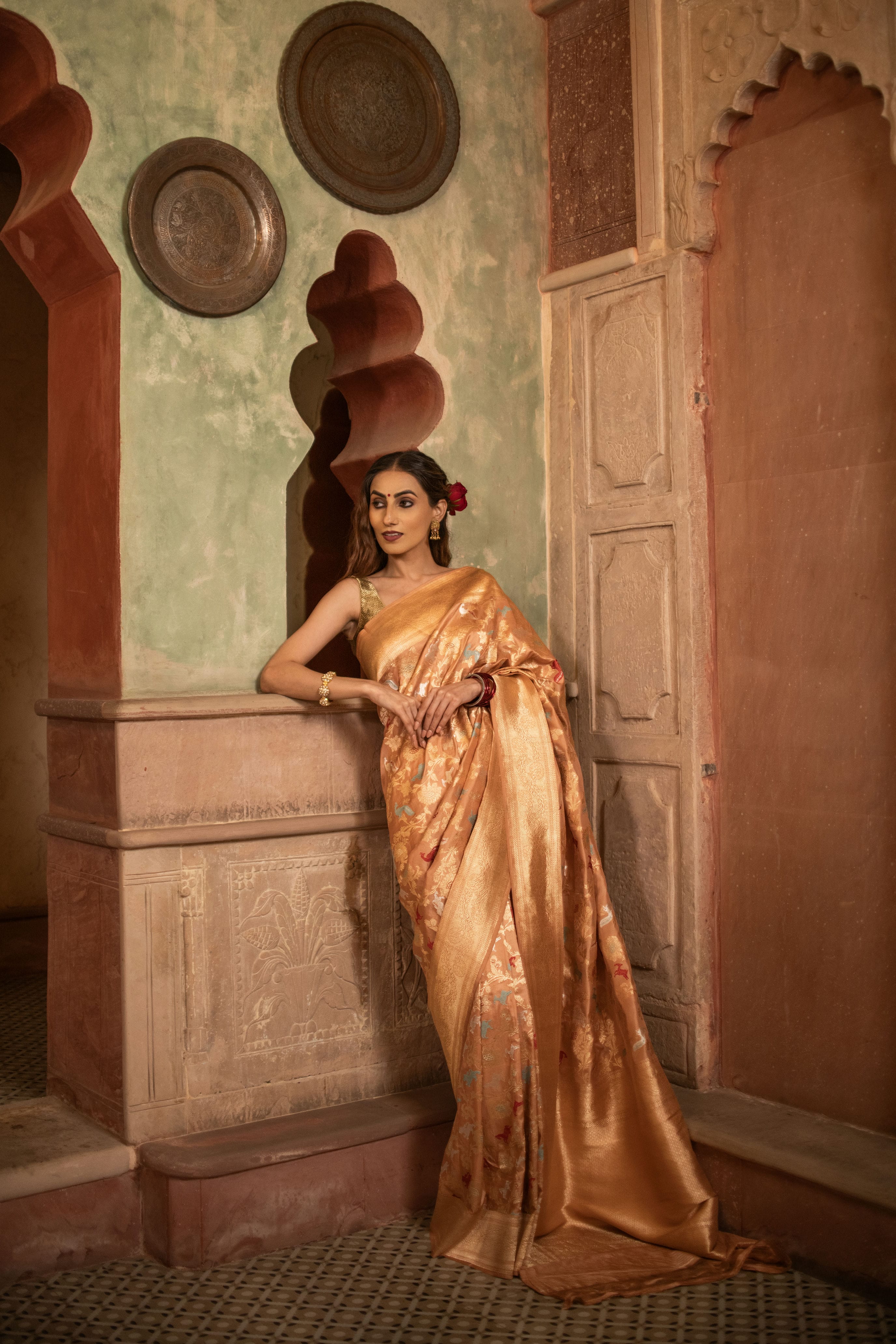 Peach Katan Silk Saree with Exquisite Shikargah Weave