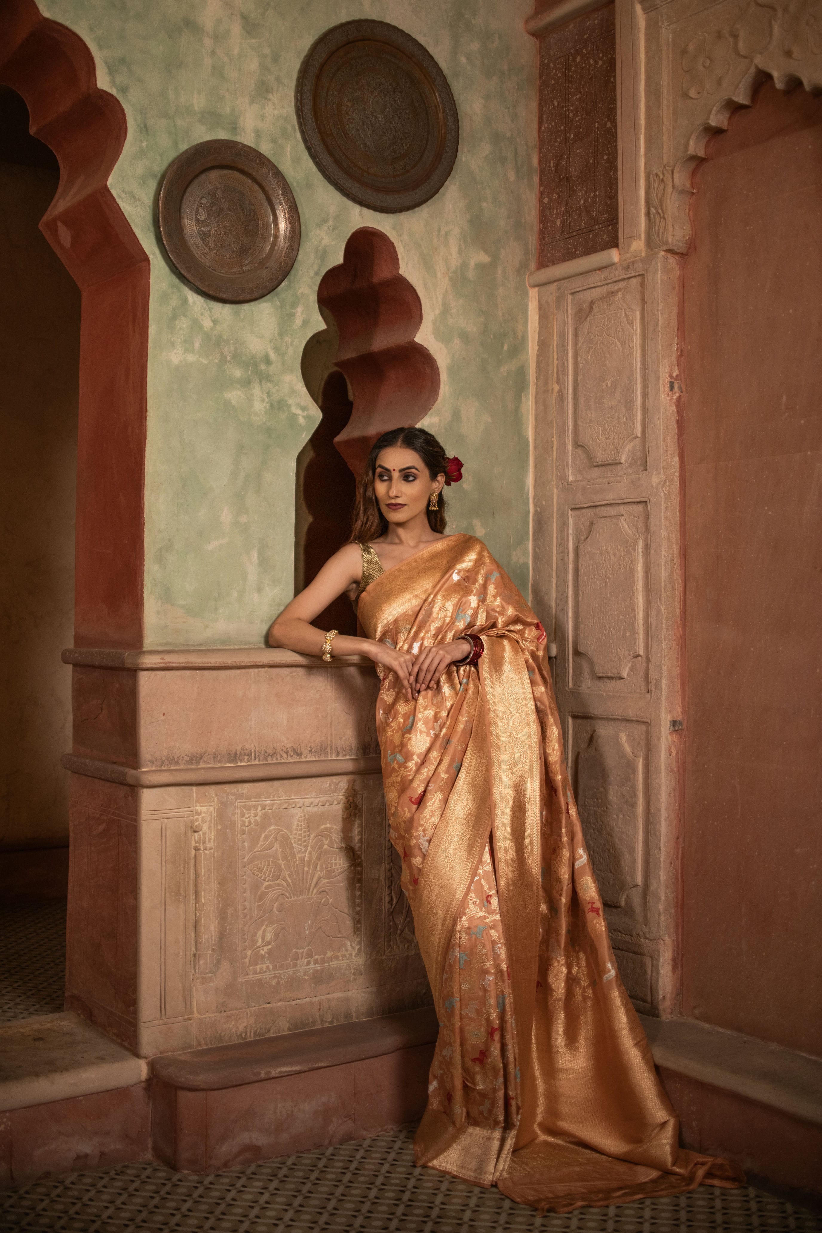 Peach Katan Silk Saree with Exquisite Shikargah Weave
