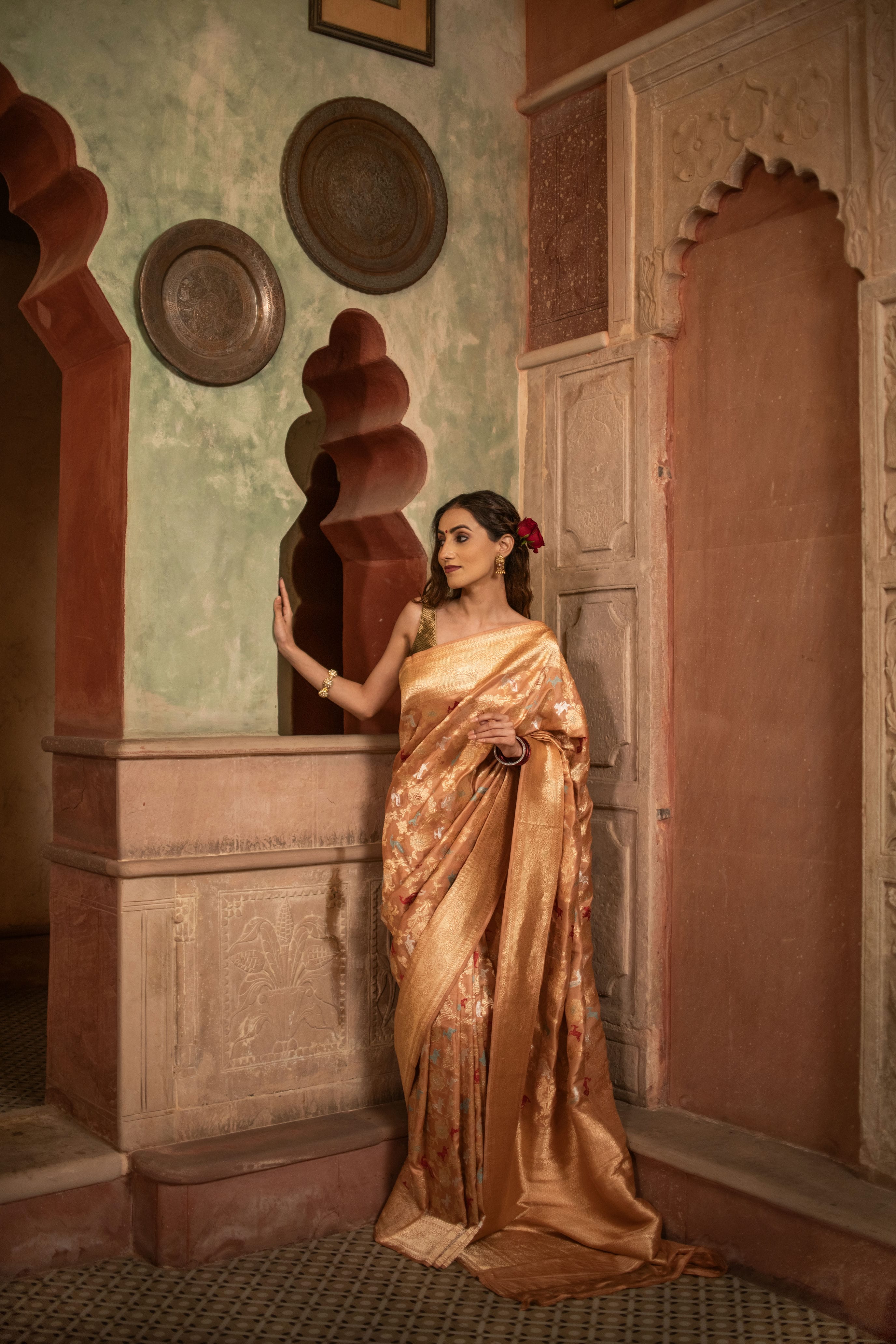 Peach Katan Silk Saree with Exquisite Shikargah Weave
