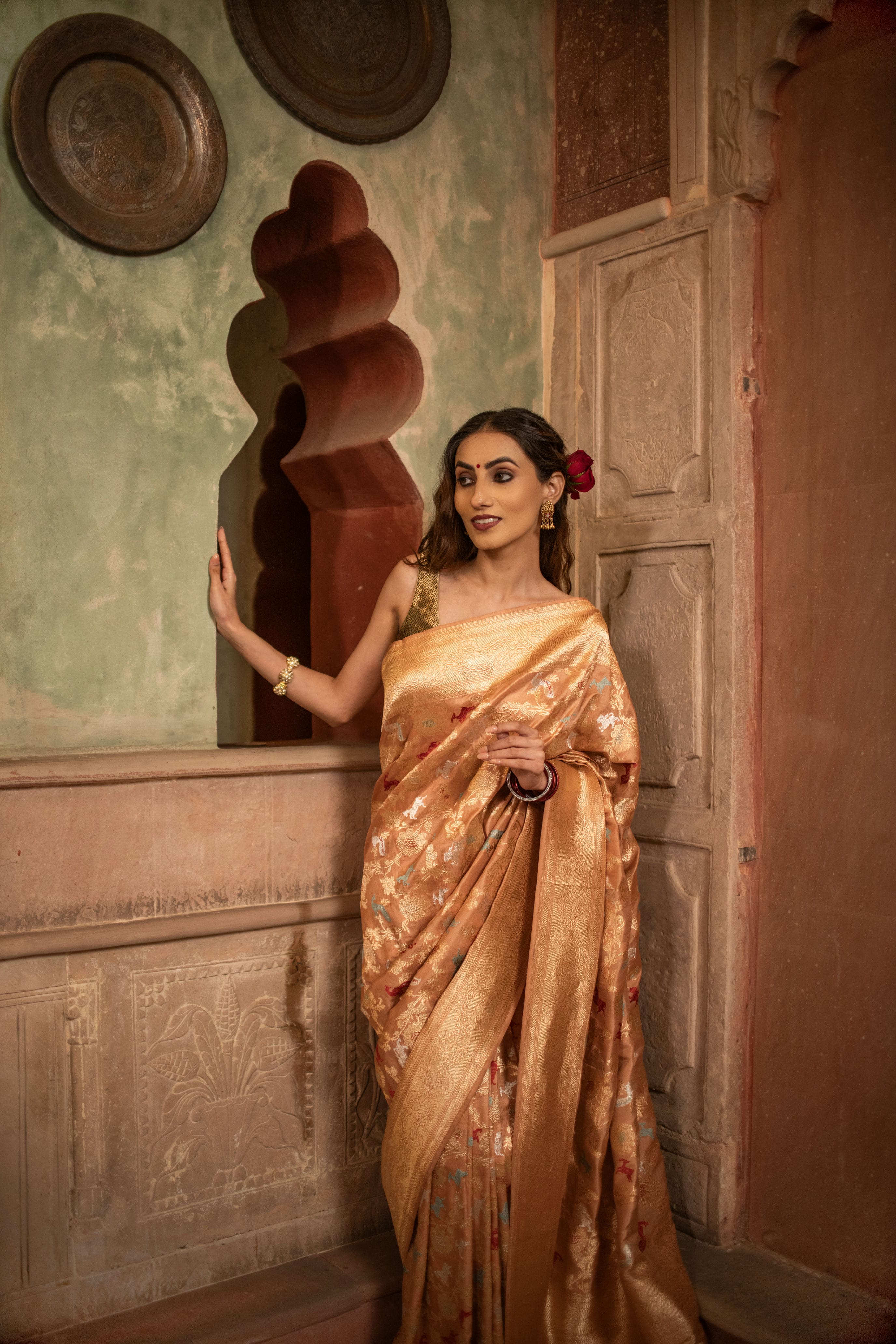 Peach Katan Silk Saree with Exquisite Shikargah Weave