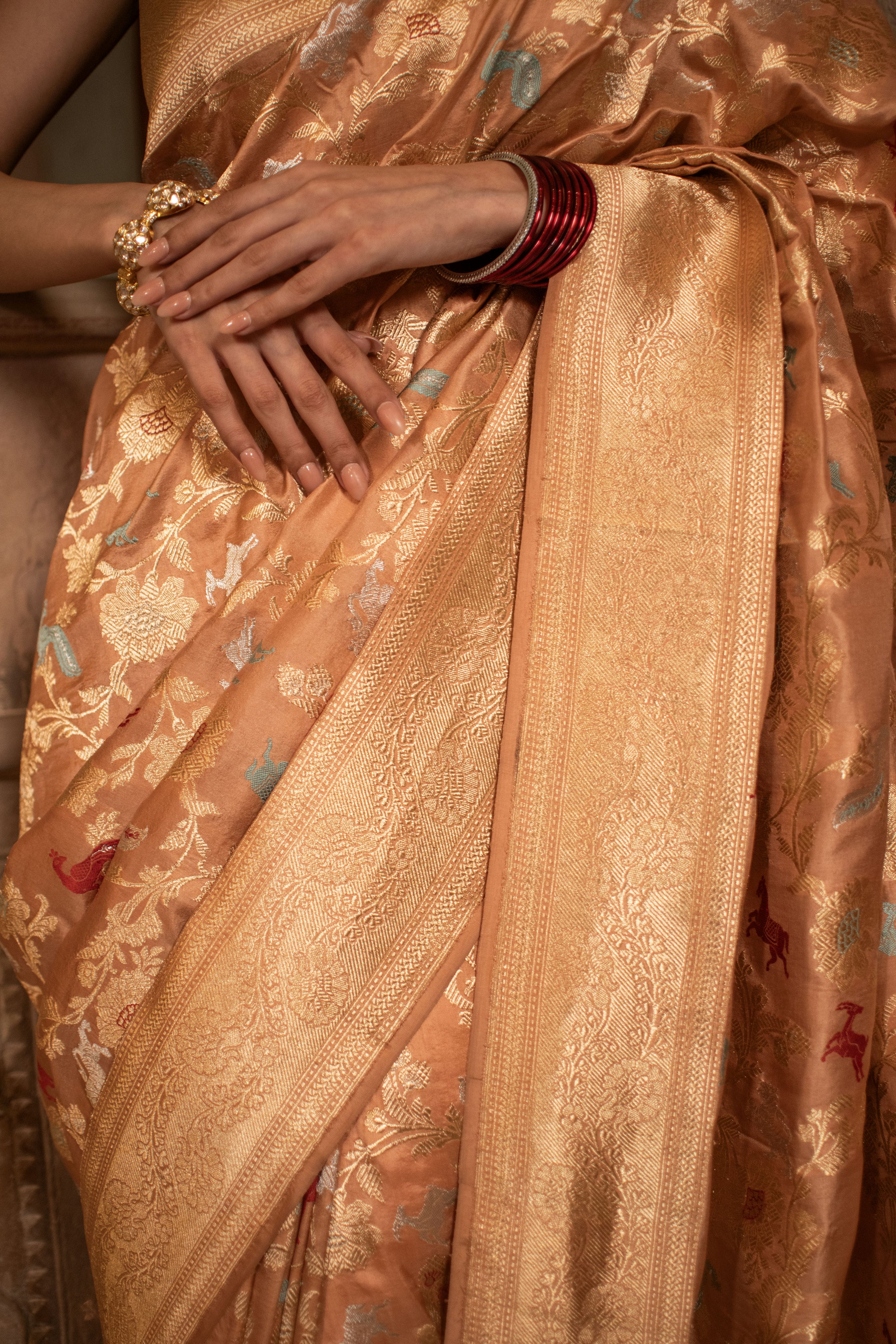 Peach Katan Silk Saree with Exquisite Shikargah Weave