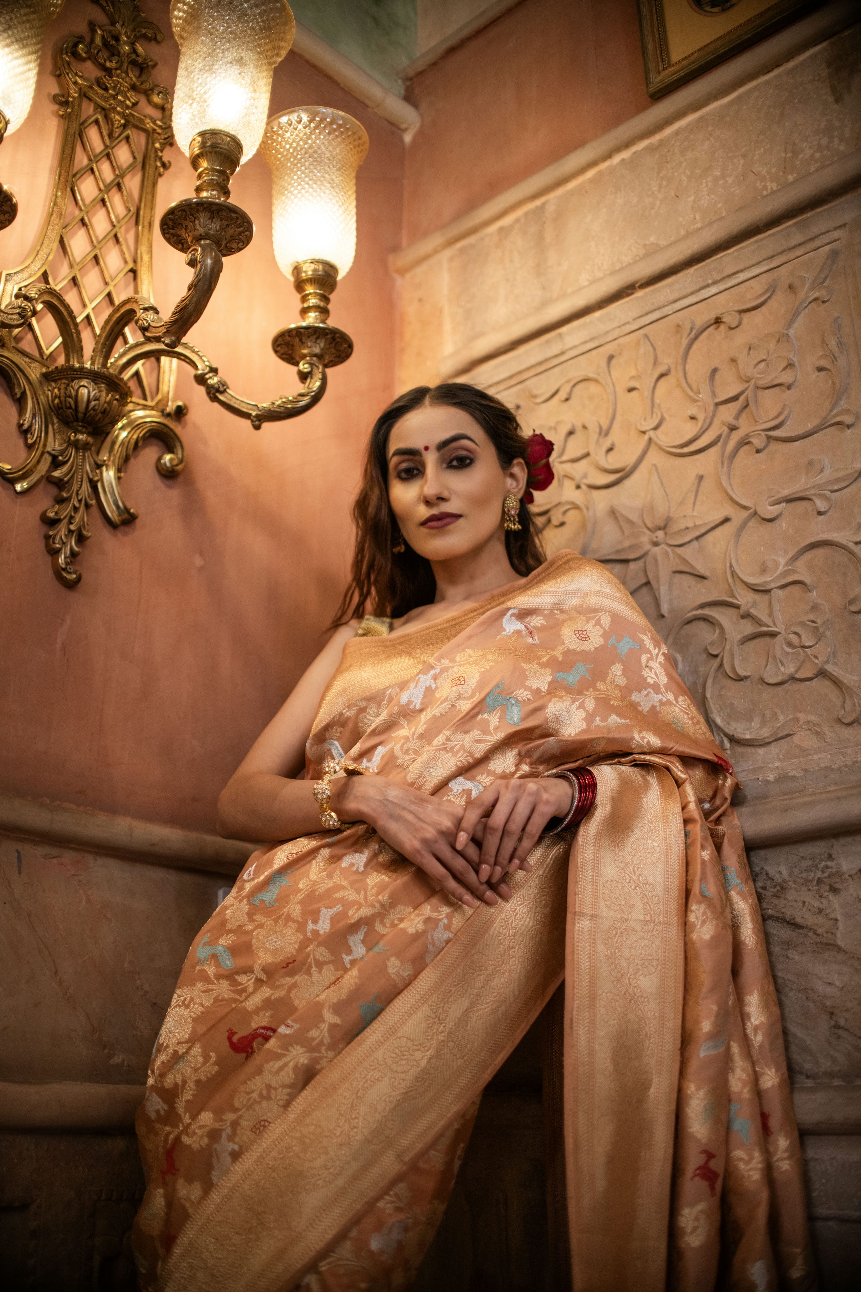 Peach Katan Silk Saree with Exquisite Shikargah Weave