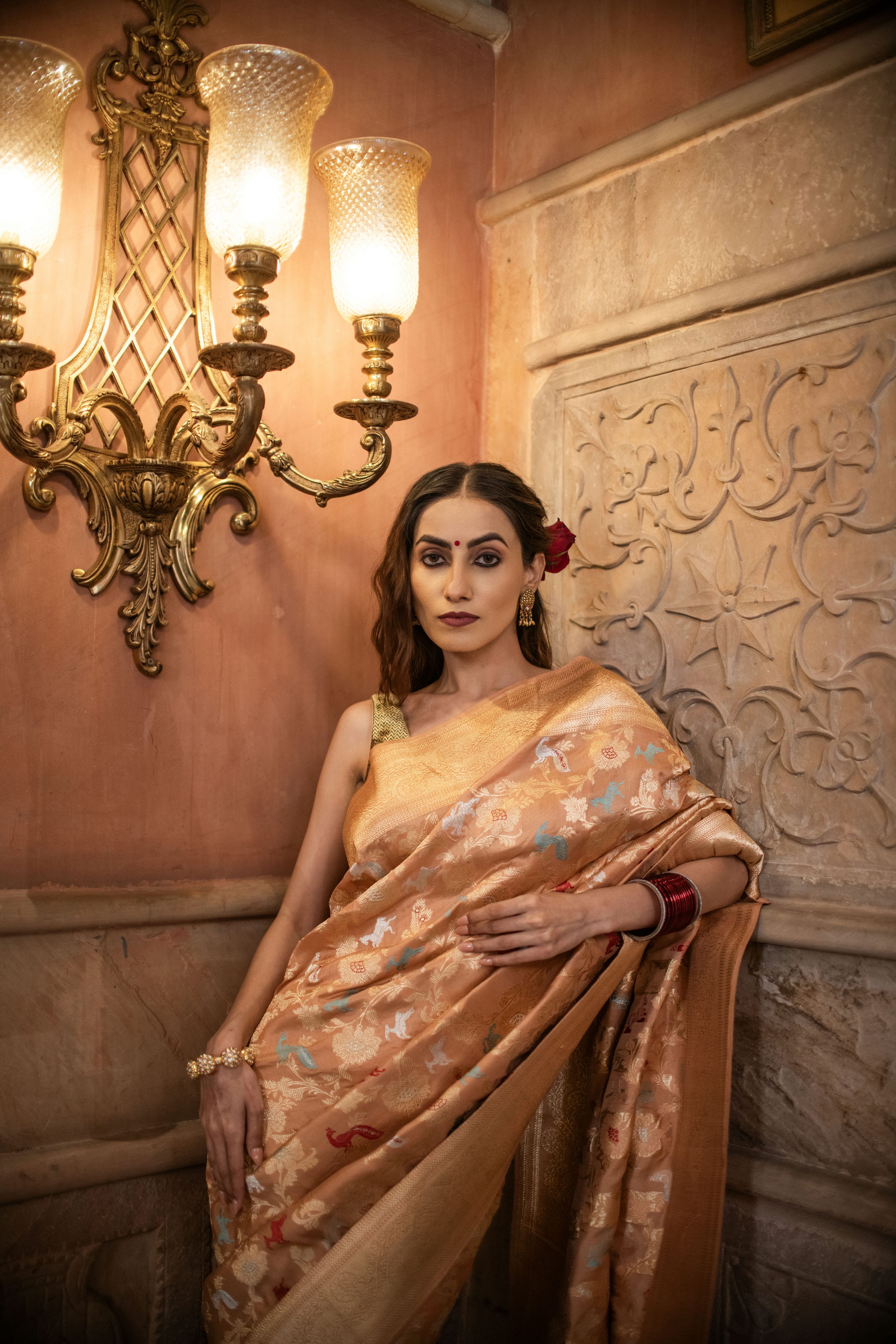 Peach Katan Silk Saree with Exquisite Shikargah Weave