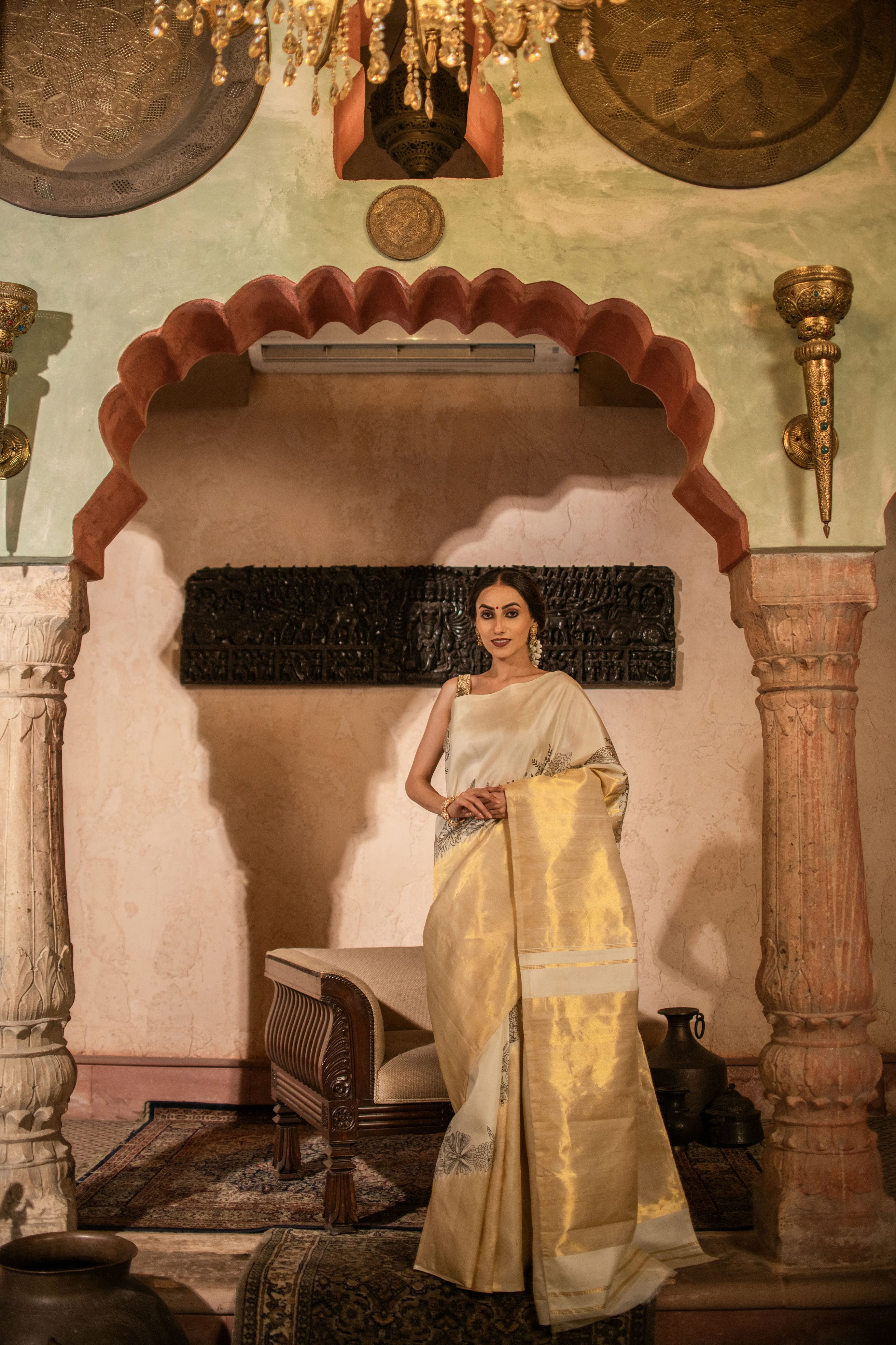 Pure Zari Kanjivaram Fusion Saree with Hand-Painted Detail