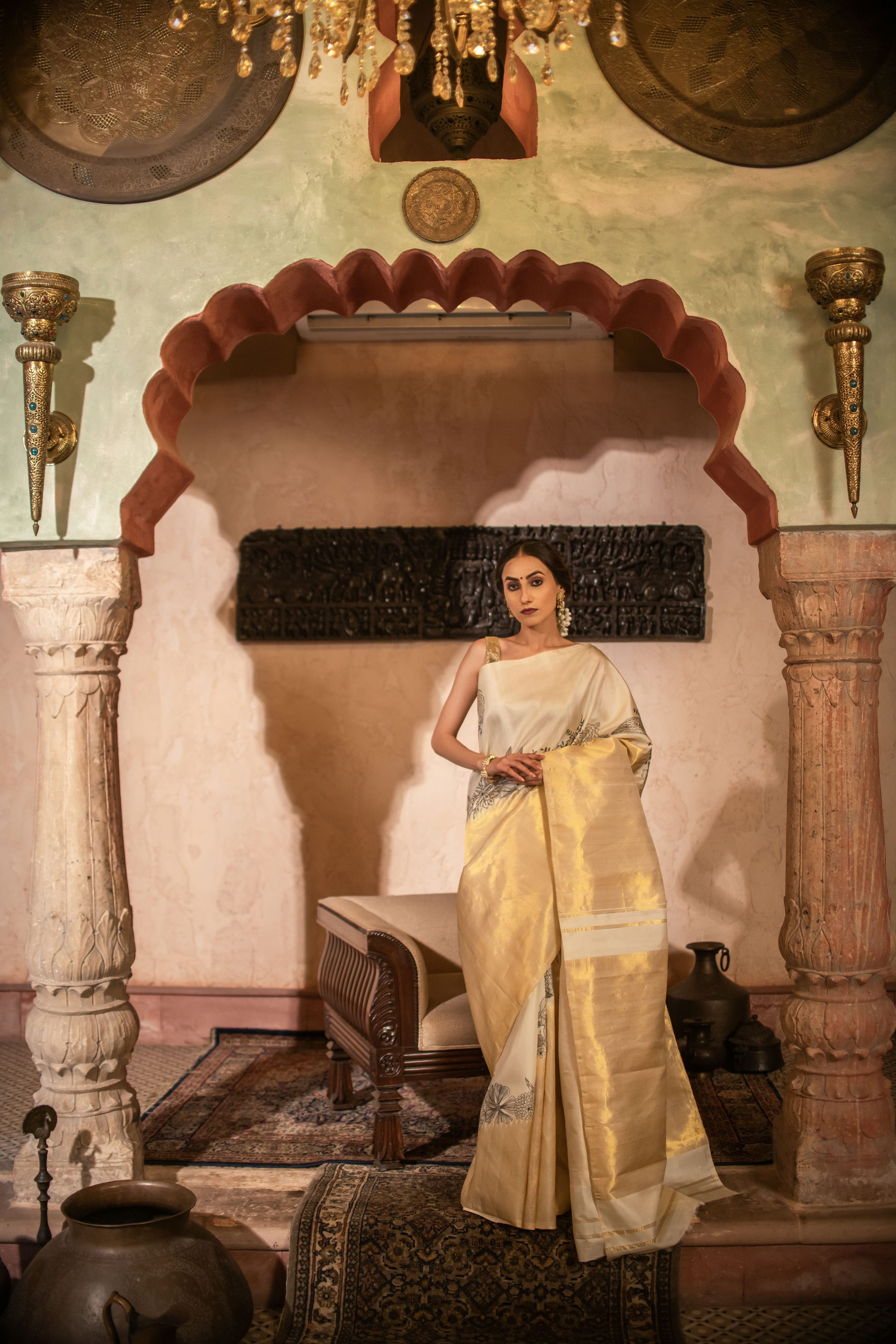 Pure Zari Kanjivaram Fusion Saree with Hand-Painted Detail