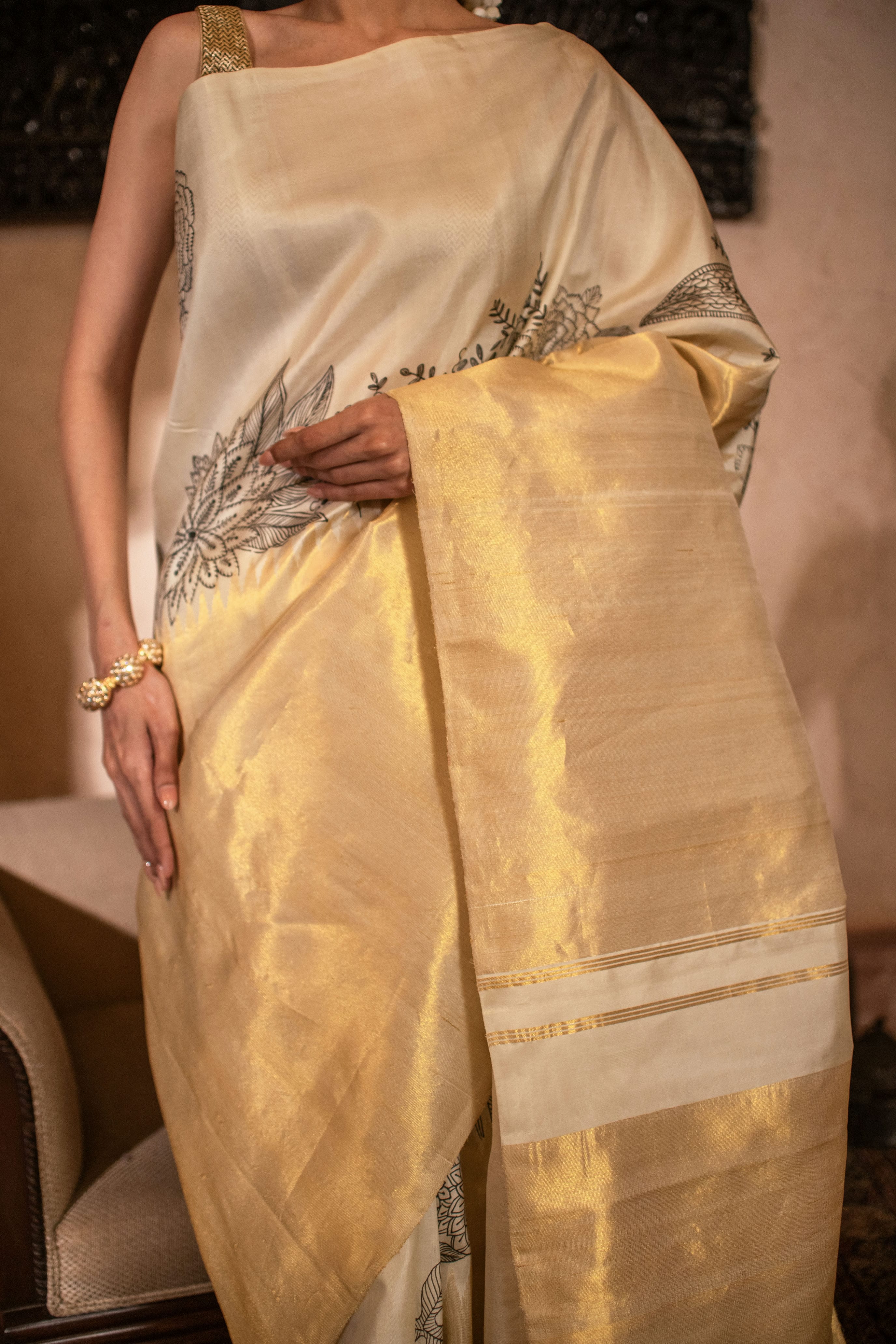 Pure Zari Kanjivaram Fusion Saree with Hand-Painted Detail