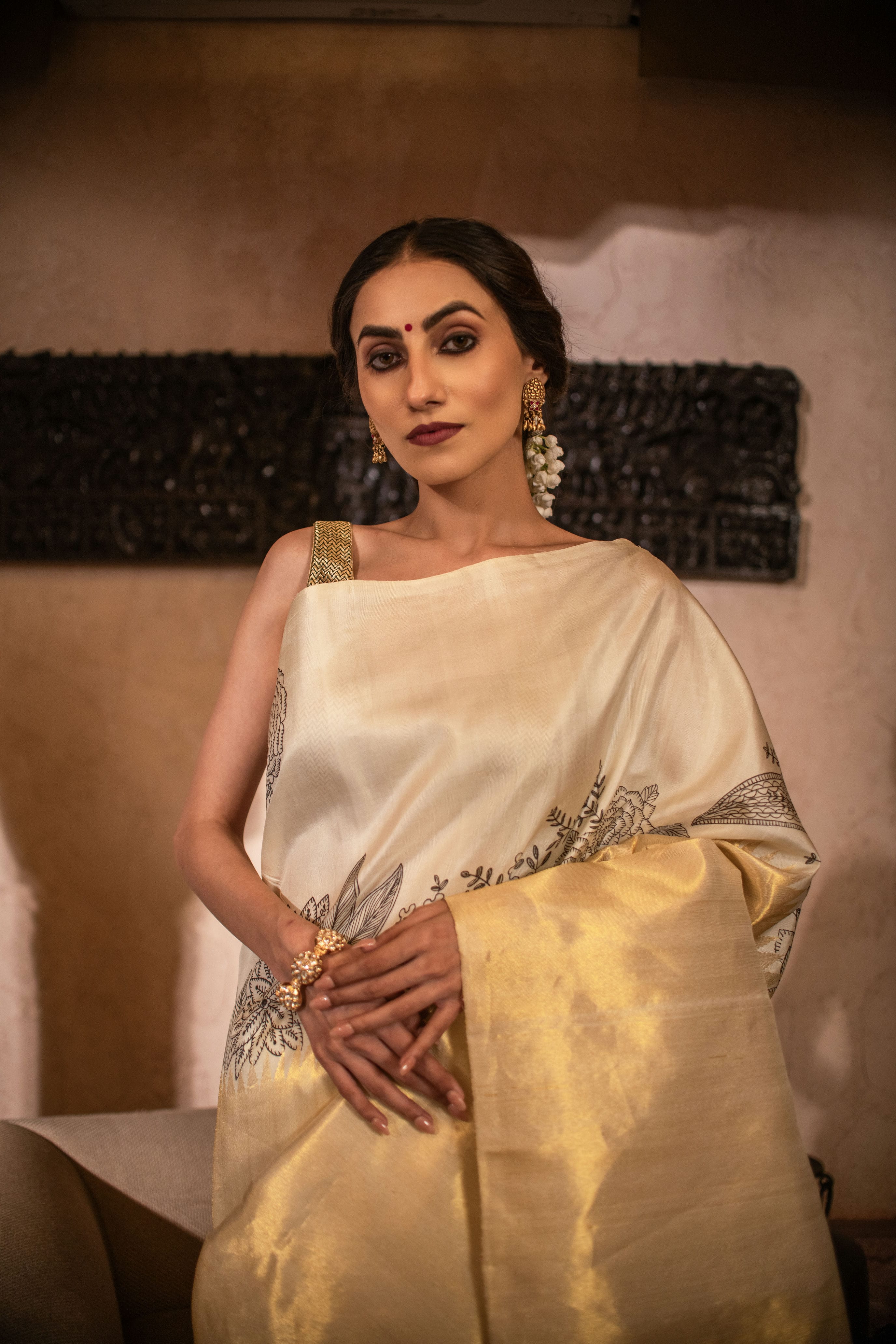 Pure Zari Kanjivaram Fusion Saree with Hand-Painted Detail