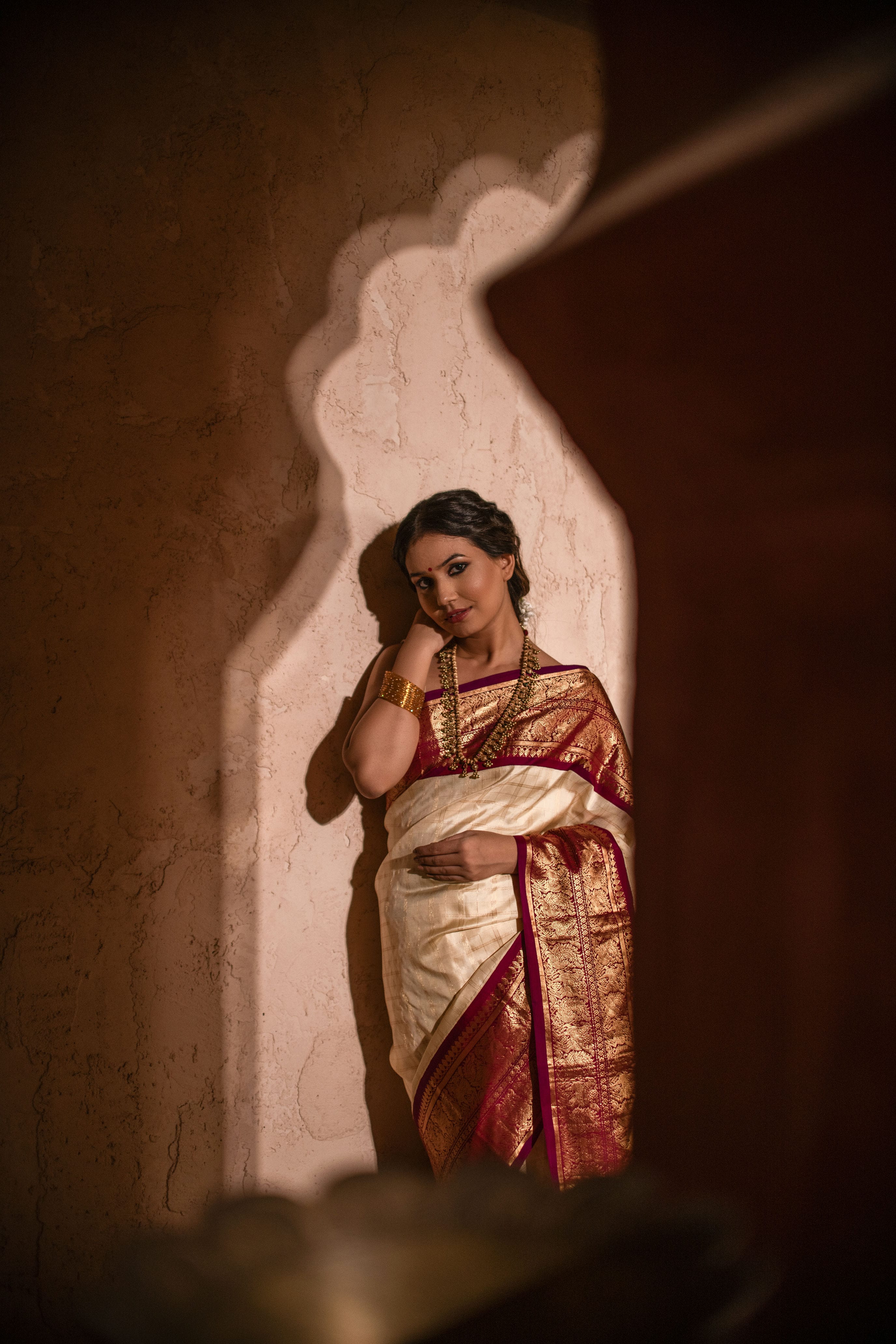 Gadwal Silk Saree in Classic Beige and Red Combination