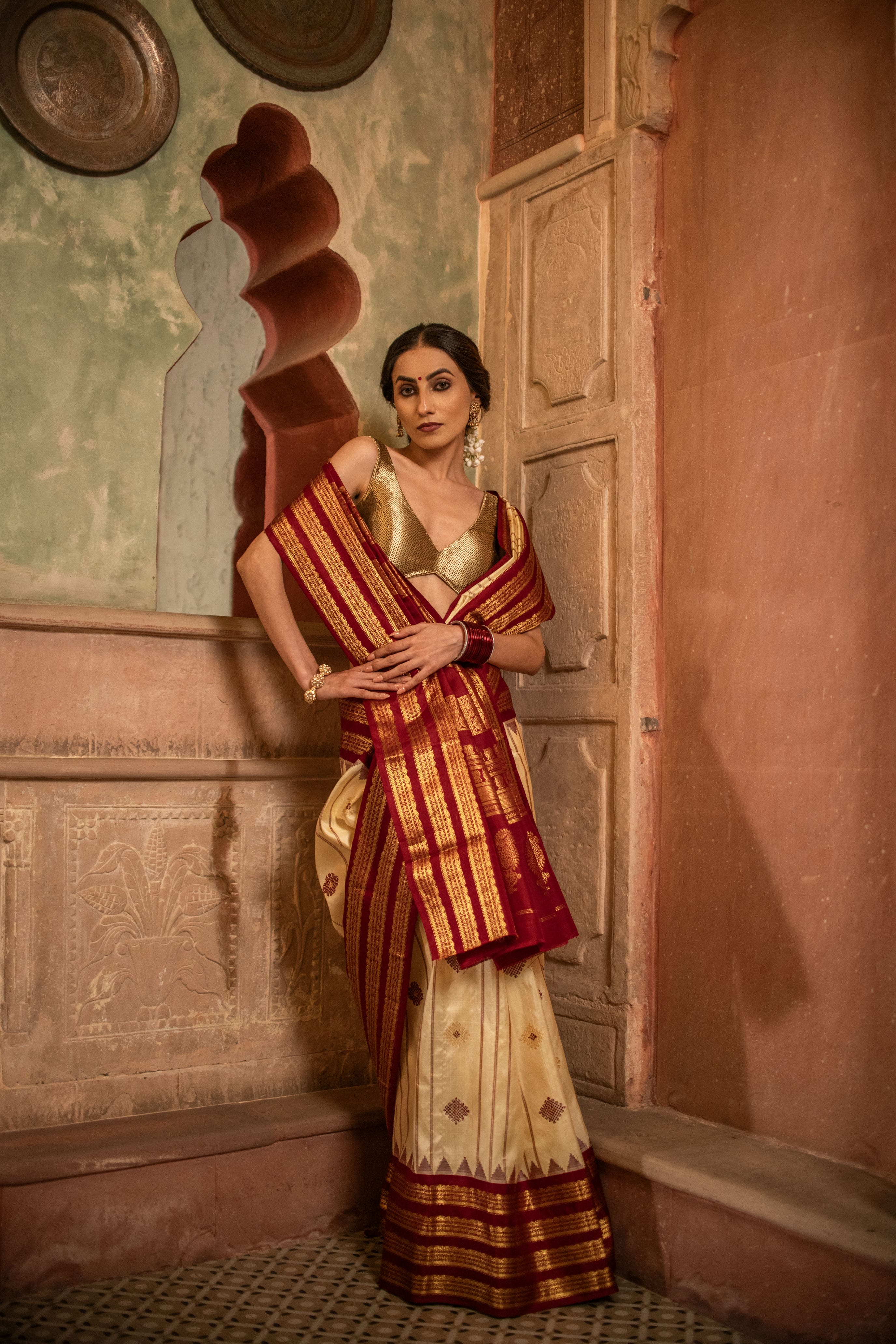 Classic Gadwal Silk Saree with Red and Beige Harmony