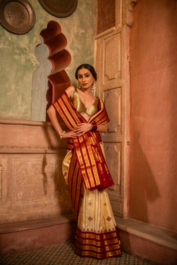 Classic Gadwal Silk Saree with Red and Beige Harmony