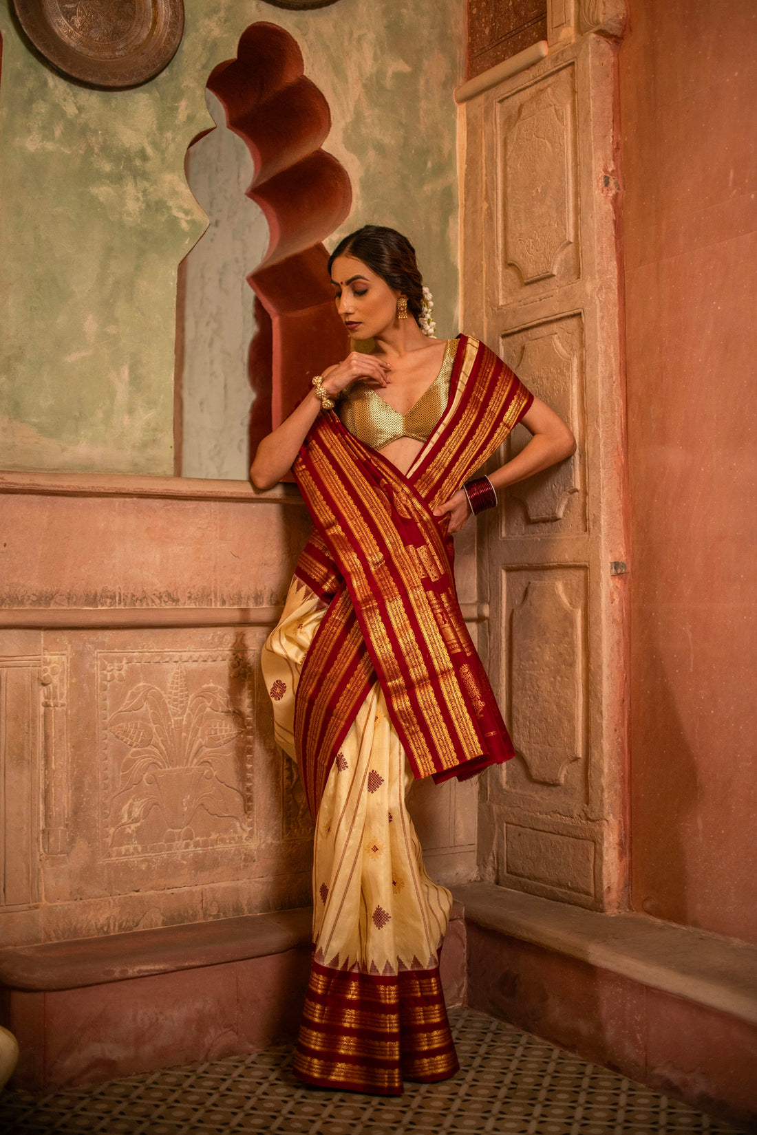 Classic Gadwal Silk Saree with Red and Beige Harmony