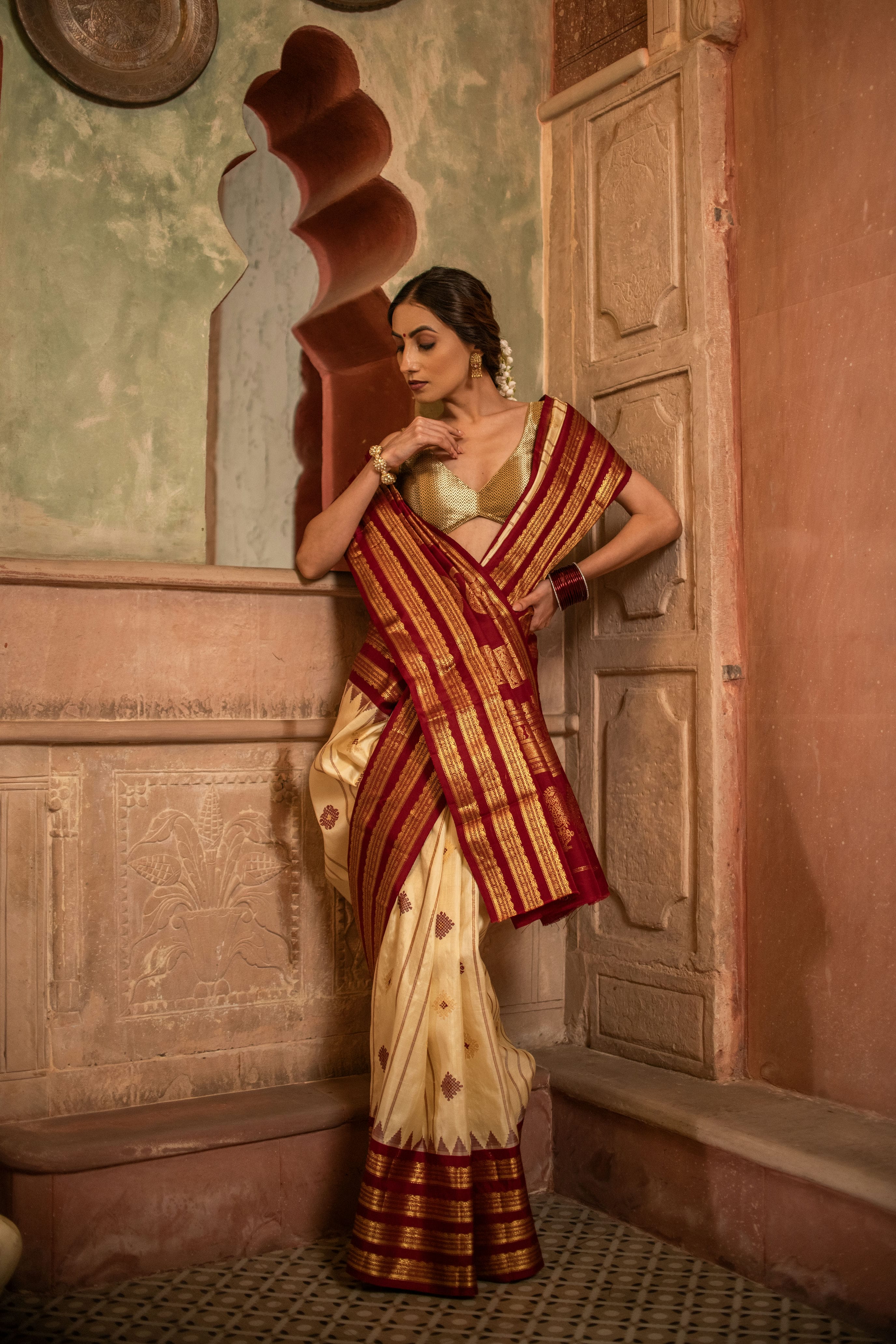 Classic Gadwal Silk Saree with Red and Beige Harmony
