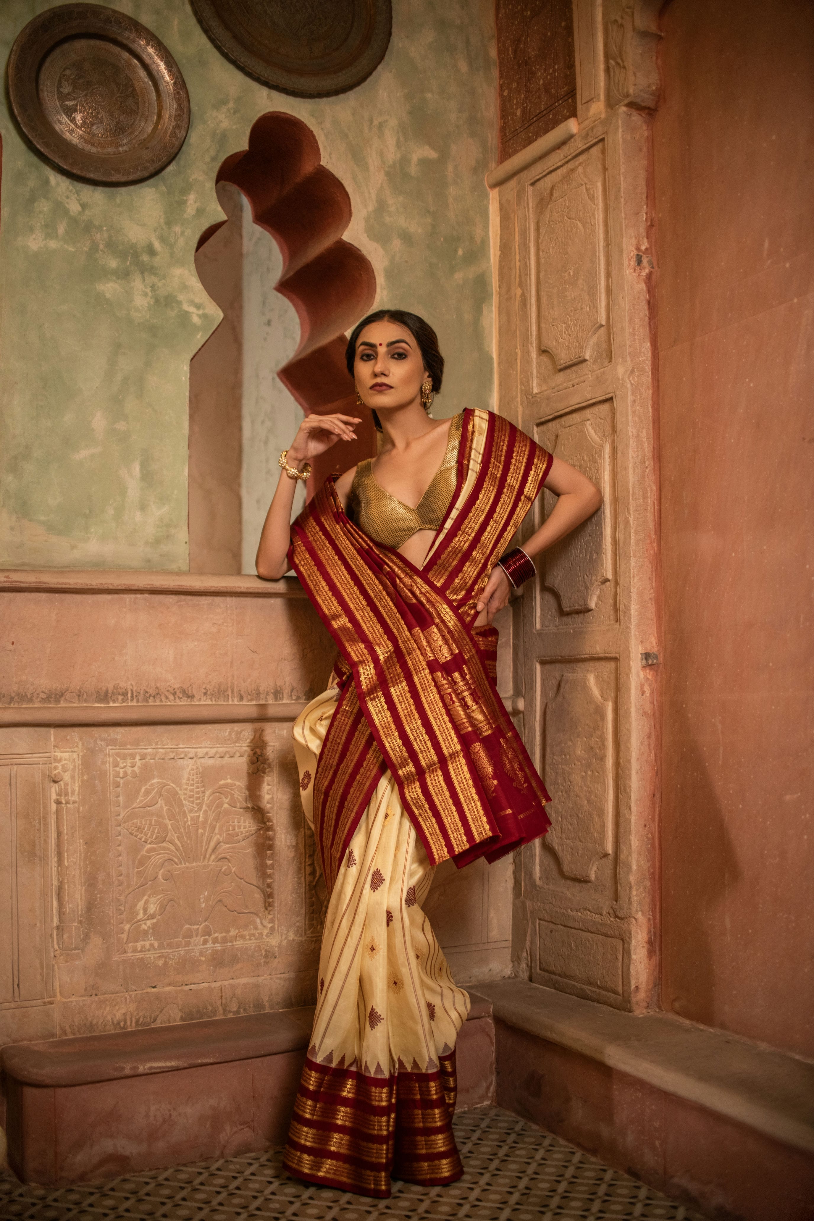 Classic Gadwal Silk Saree with Red and Beige Harmony