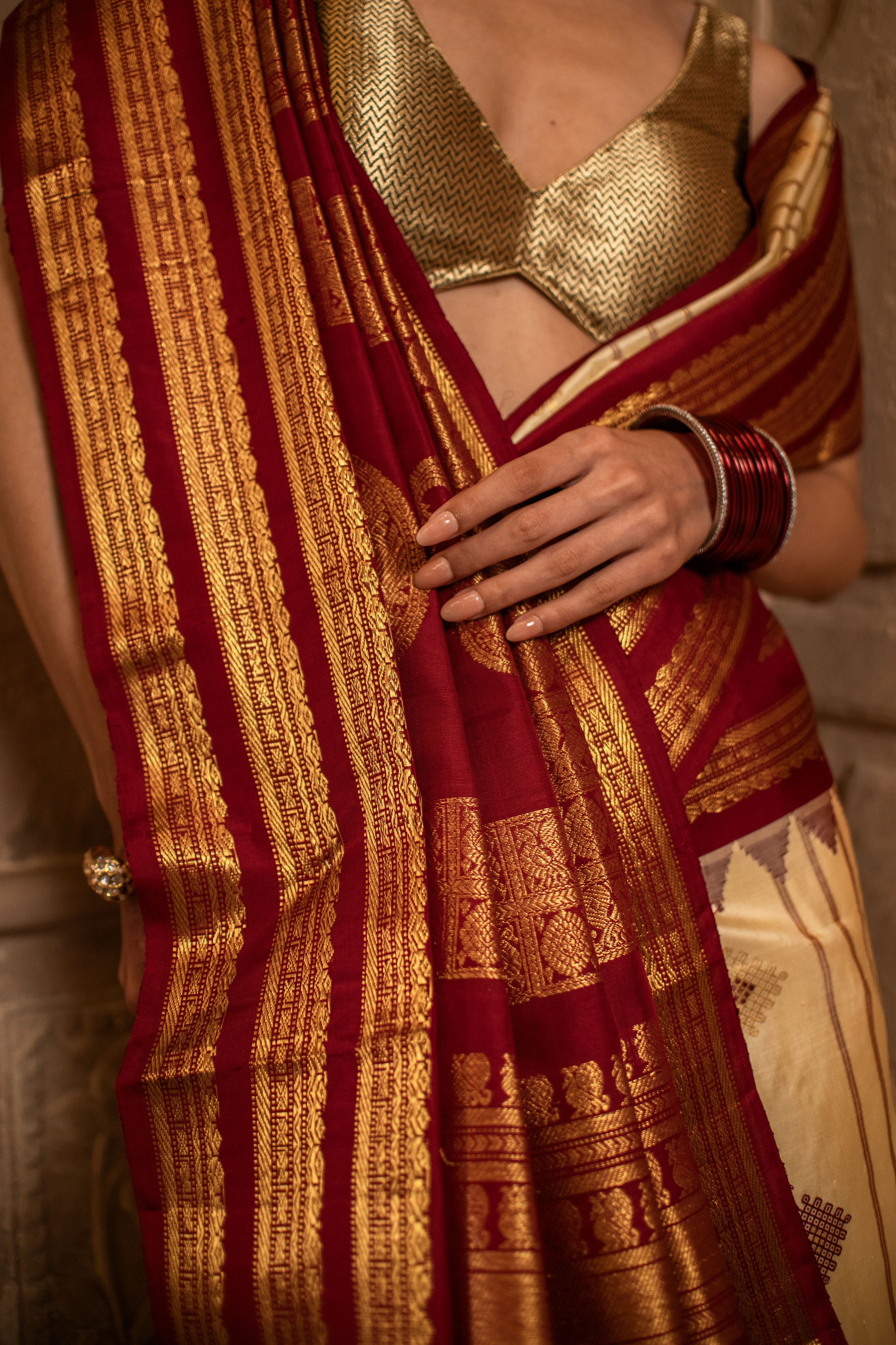 Classic Gadwal Silk Saree with Red and Beige Harmony