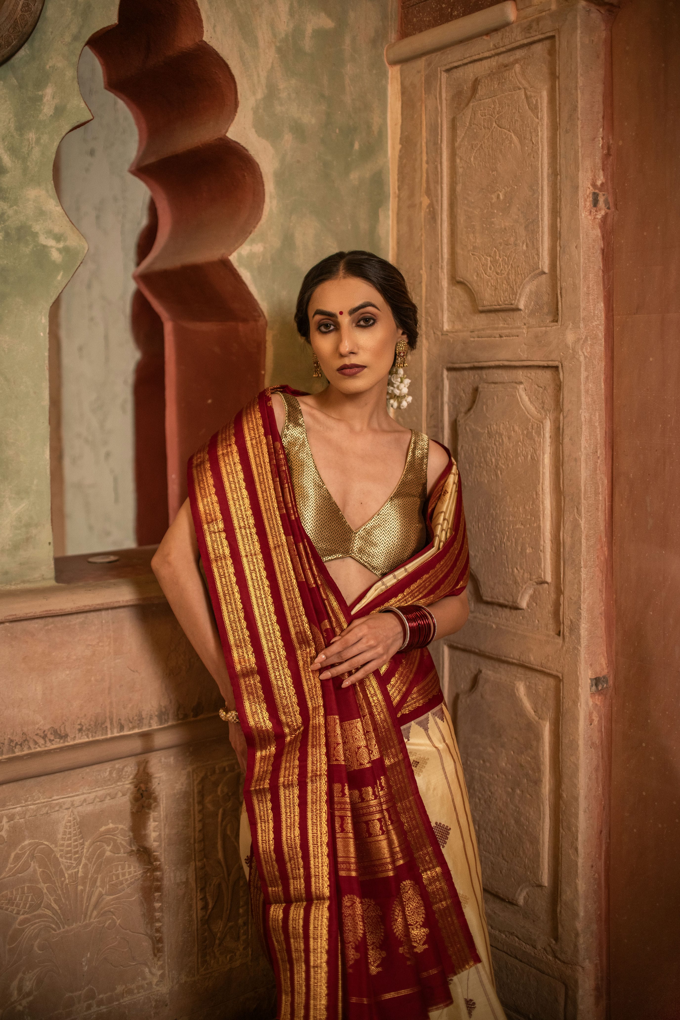 Classic Gadwal Silk Saree with Red and Beige Harmony
