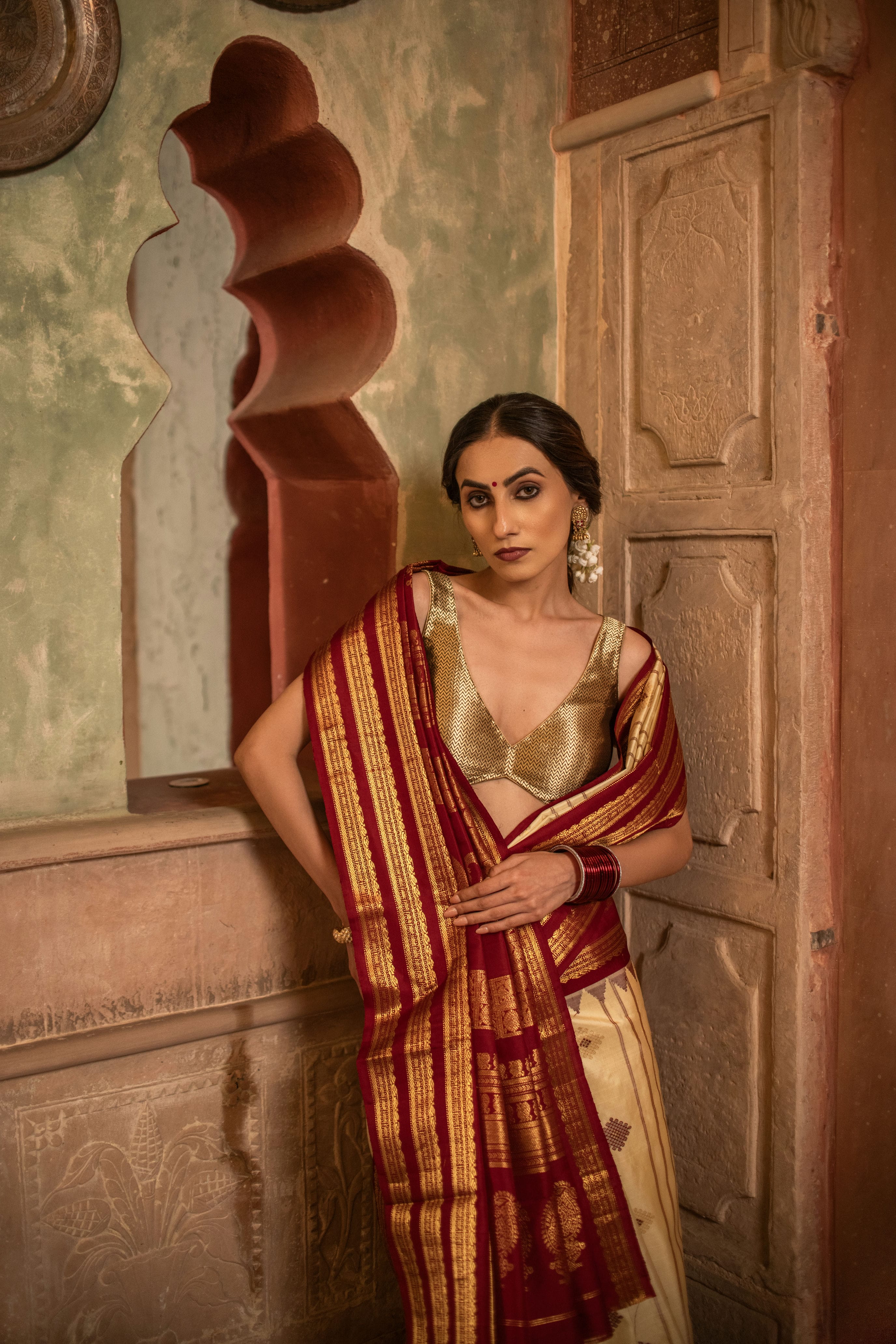 Classic Gadwal Silk Saree with Red and Beige Harmony