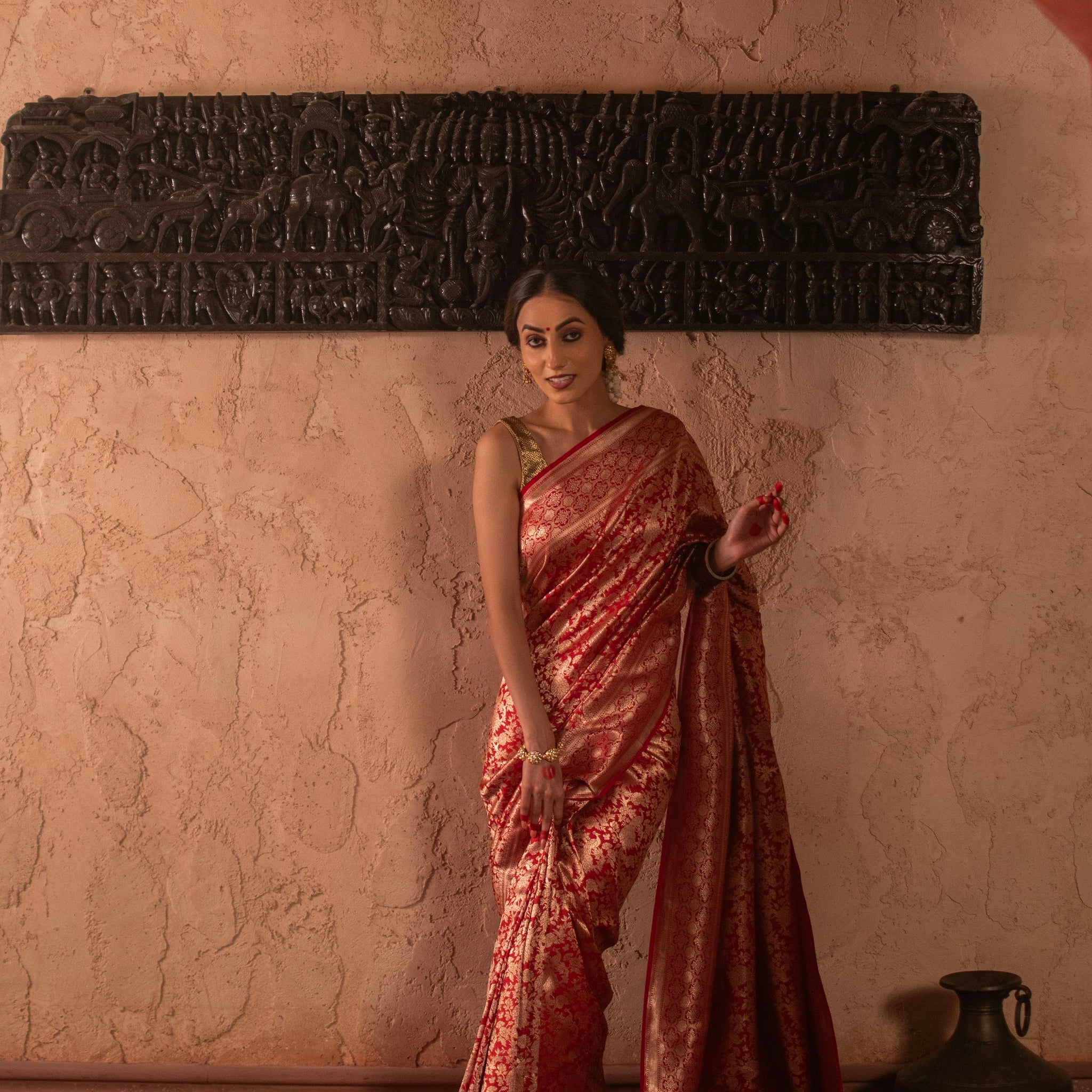 Red Banarasi Katan Silk Saree with Allover Woven Design