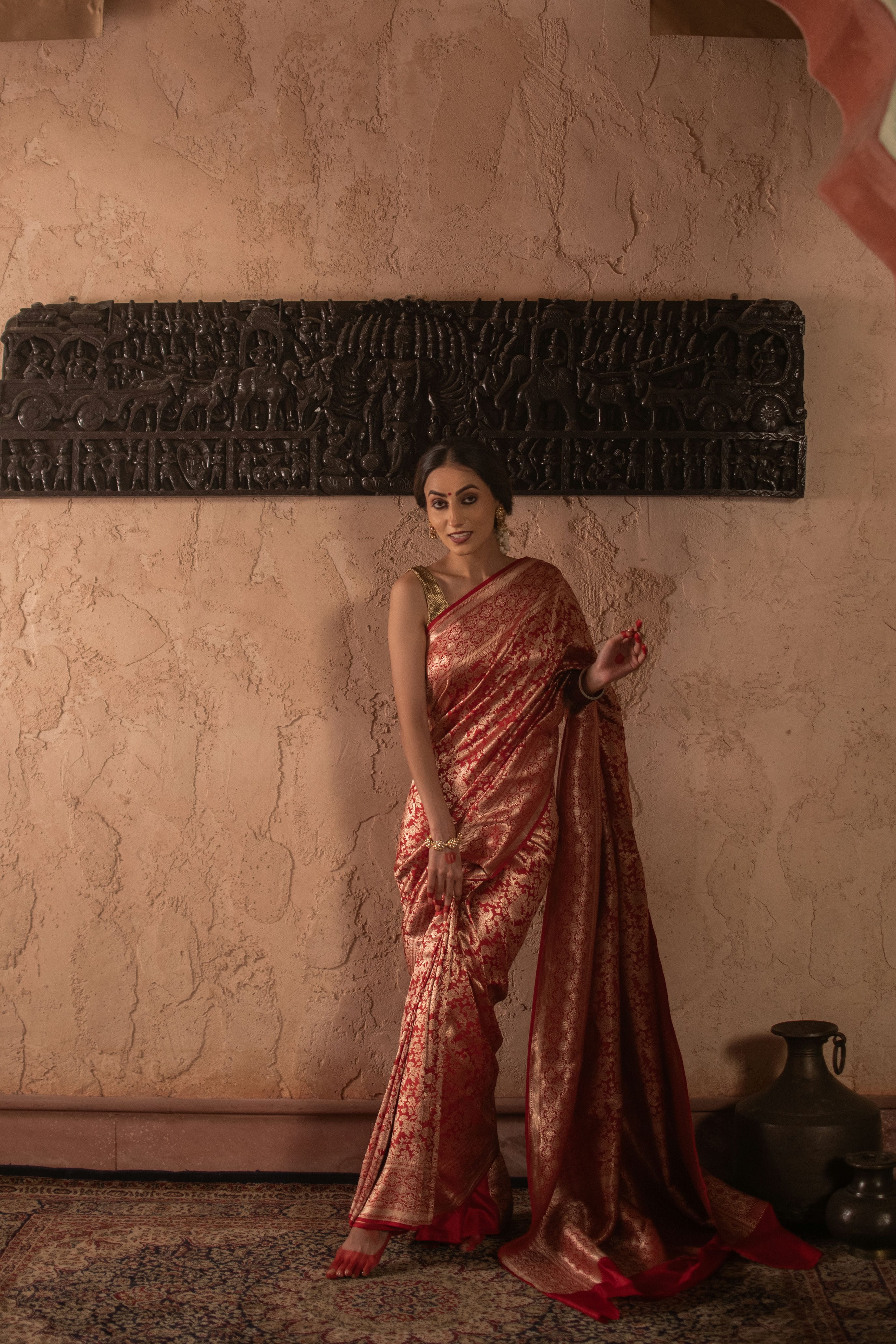 Red Banarasi Katan Silk Saree with Allover Woven Design