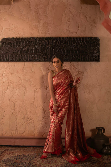 Red Banarasi Katan Silk Saree with Allover Woven Design