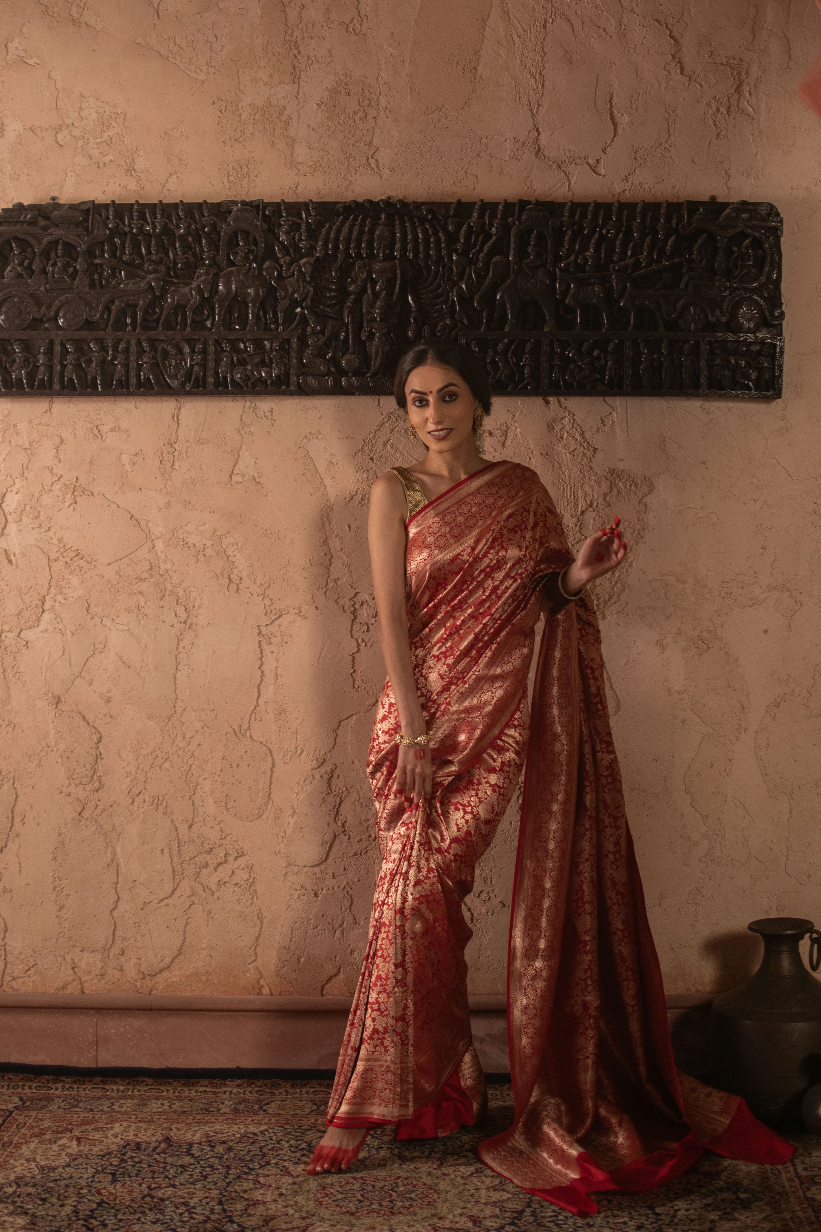 Red Banarasi Katan Silk Saree with Allover Woven Design
