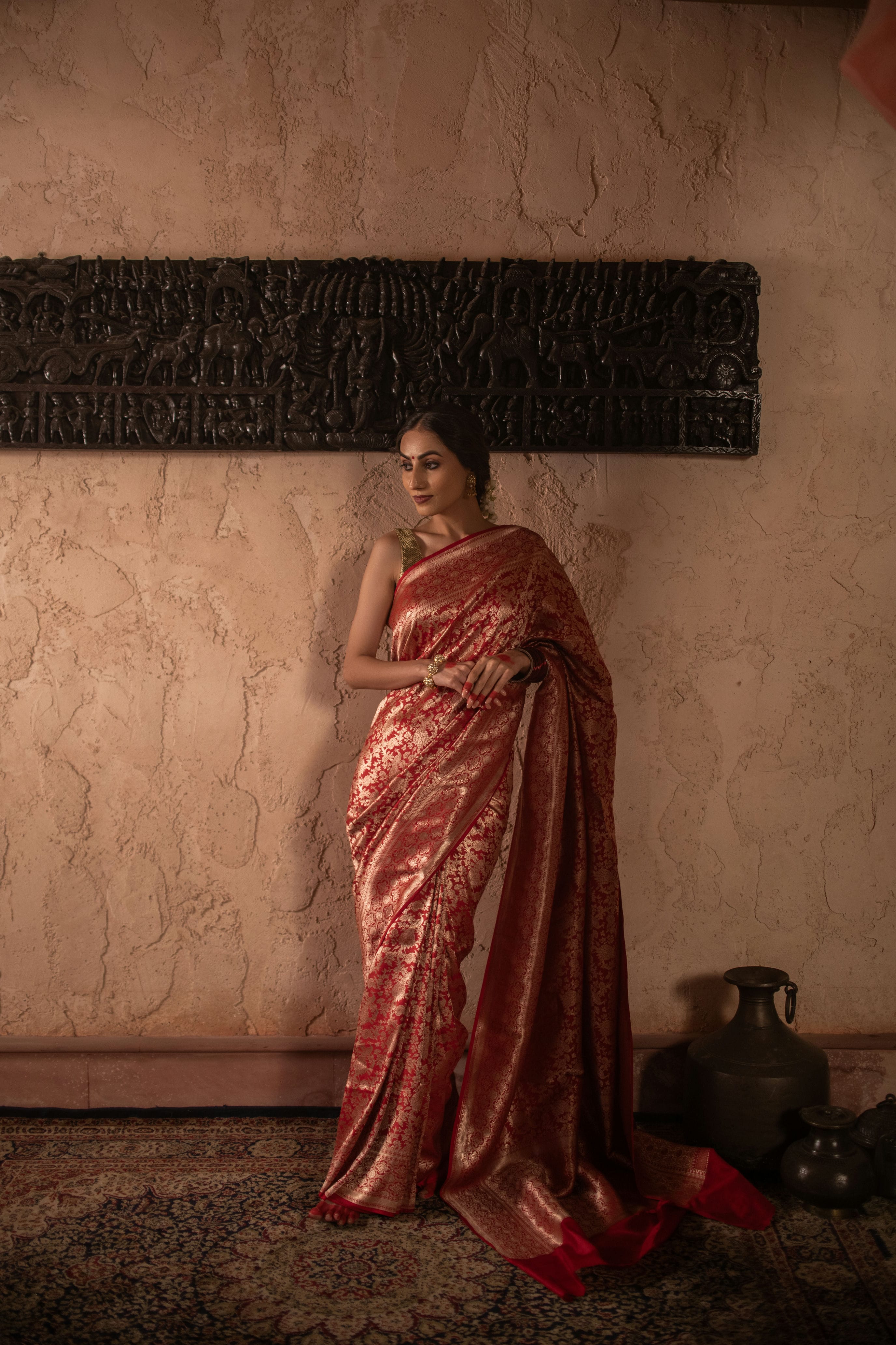 Red Banarasi Katan Silk Saree with Allover Woven Design