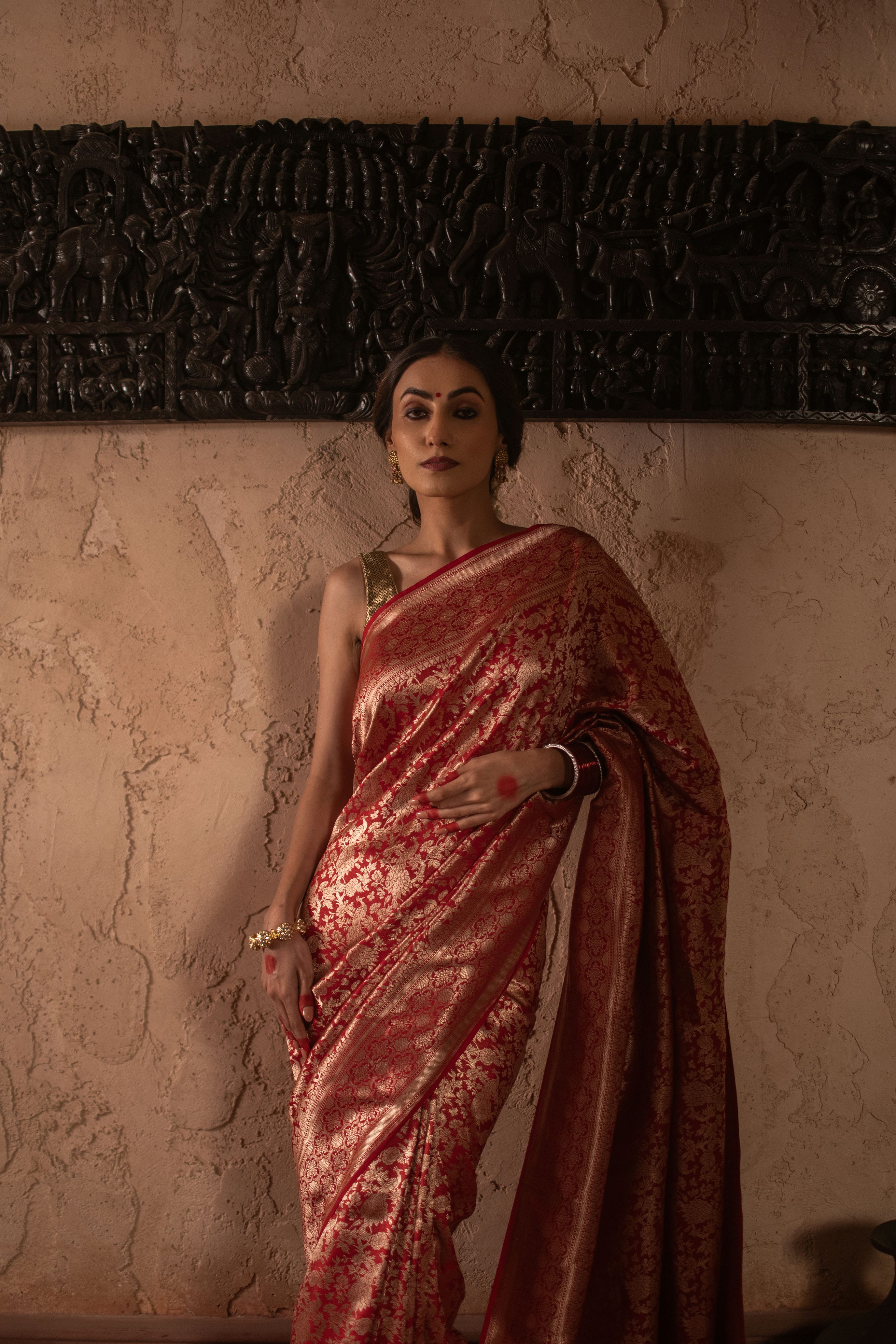 Red Banarasi Katan Silk Saree with Allover Woven Design