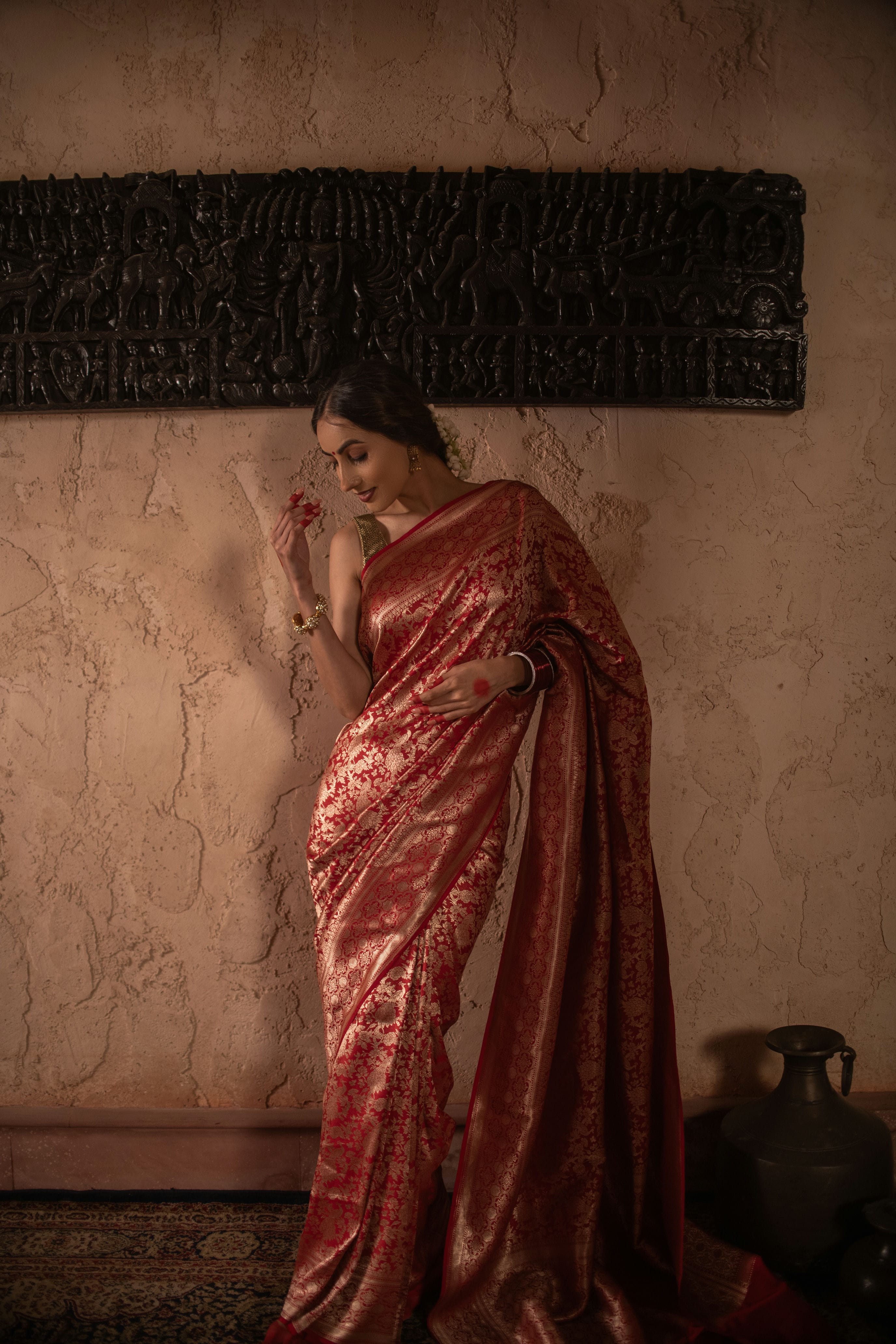 Red Banarasi Katan Silk Saree with Allover Woven Design