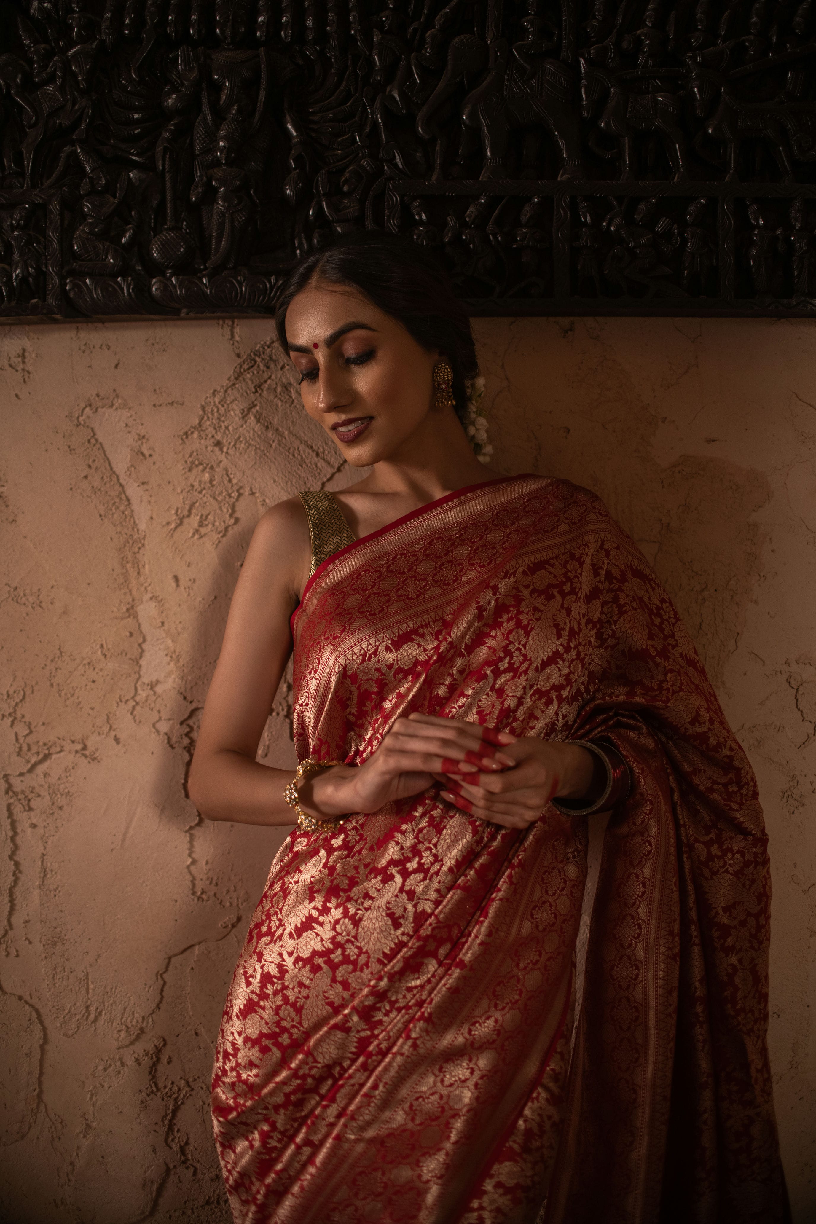Red Banarasi Katan Silk Saree with Allover Woven Design