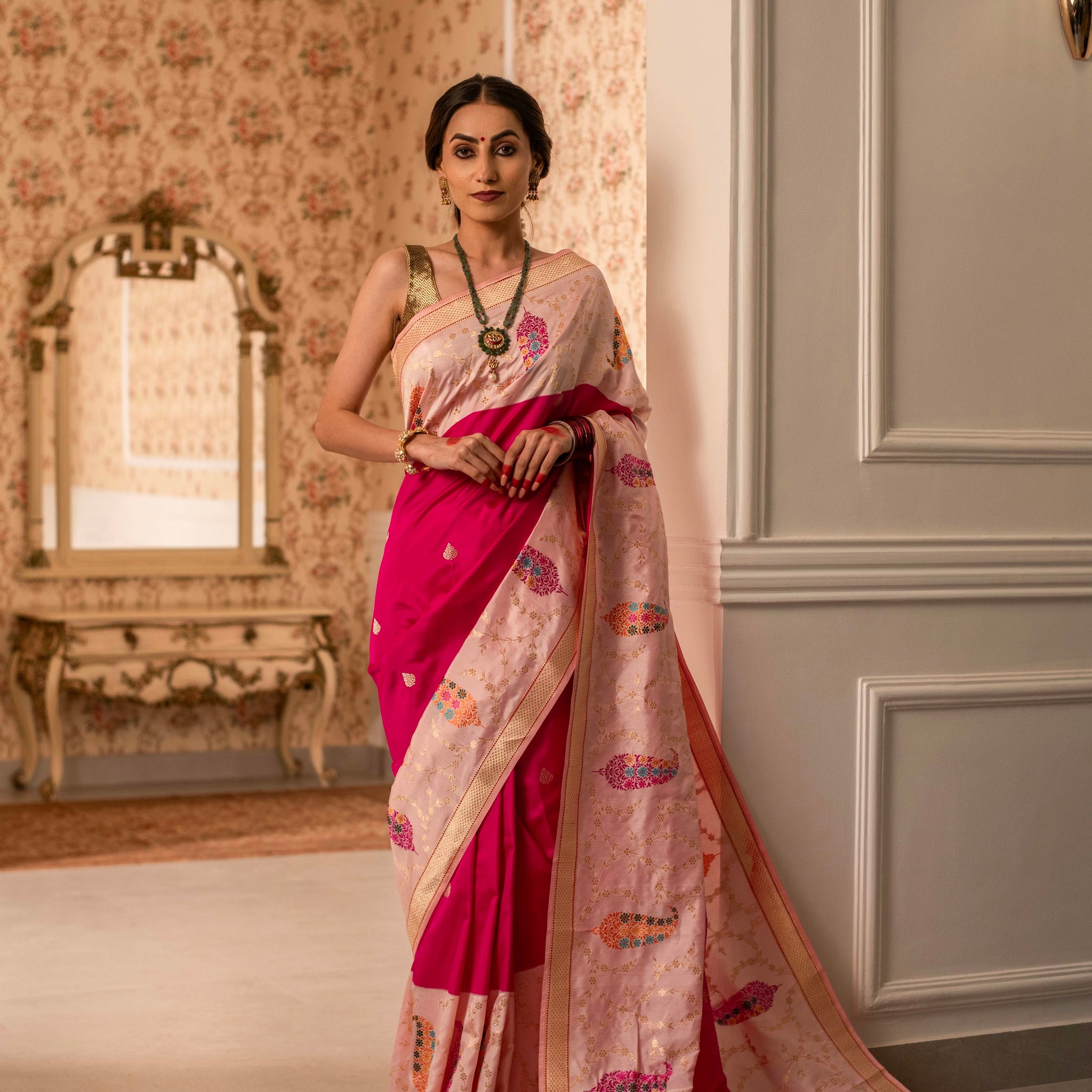 Paithani-Inspired Ektara Banarasi Silk Saree with Dual Contrast Borders and Paisley Bootas