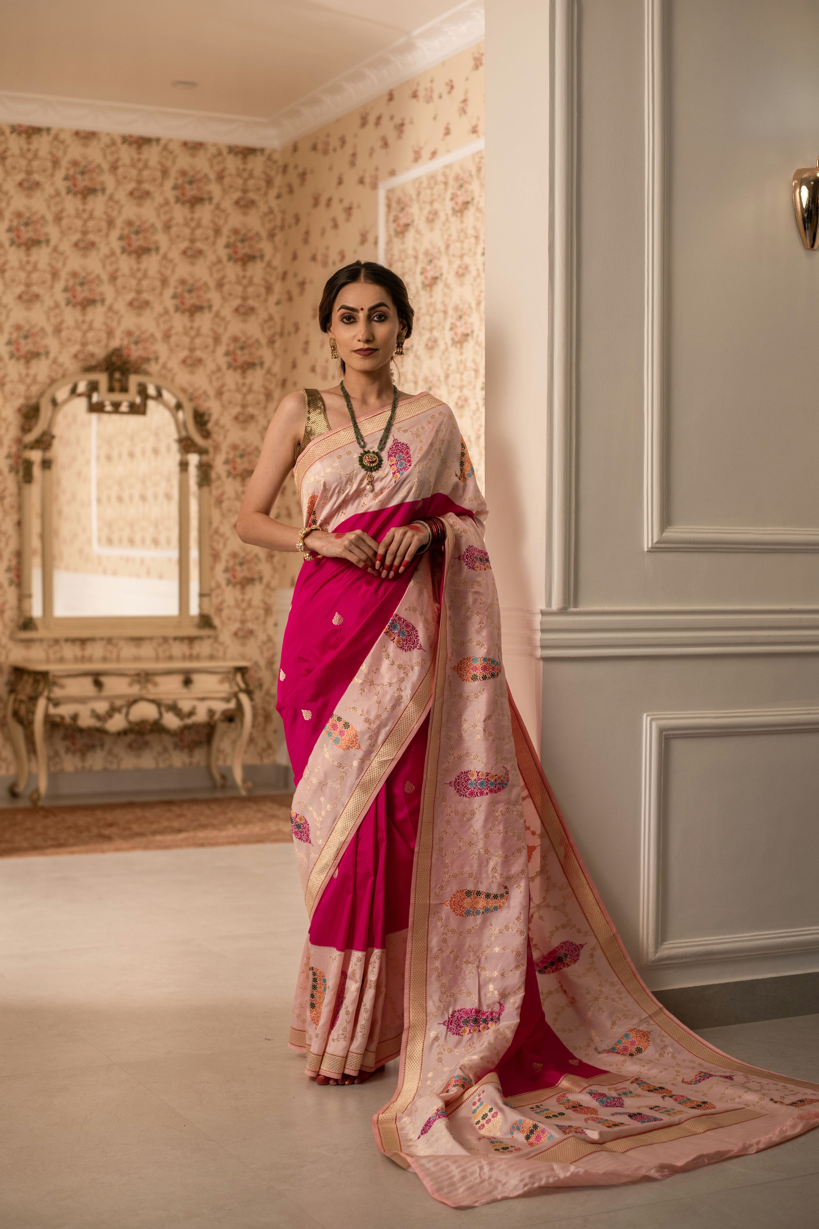 Paithani-Inspired Ektara Banarasi Silk Saree with Dual Contrast Borders and Paisley Bootas