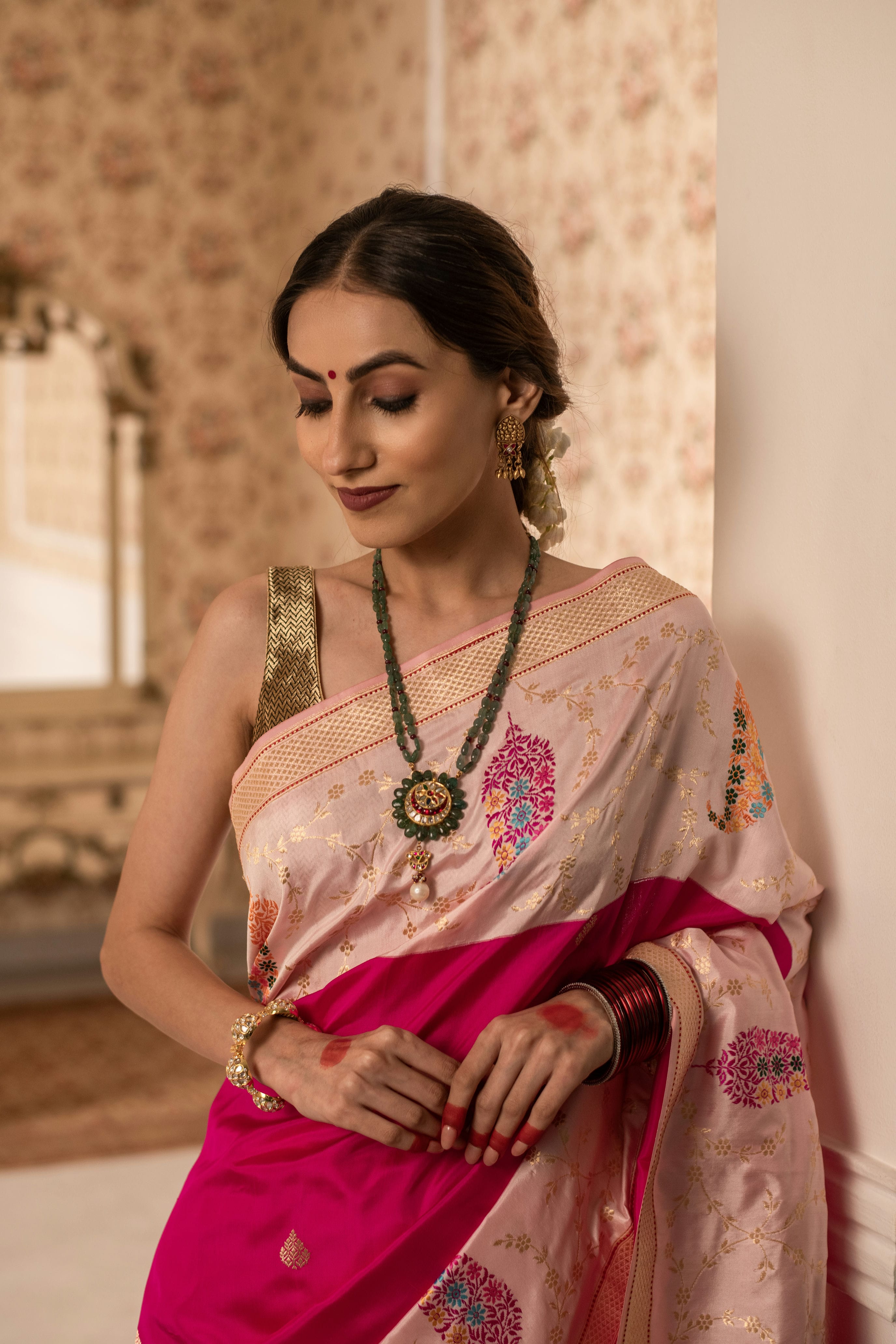 Paithani-Inspired Ektara Banarasi Silk Saree with Dual Contrast Borders and Paisley Bootas