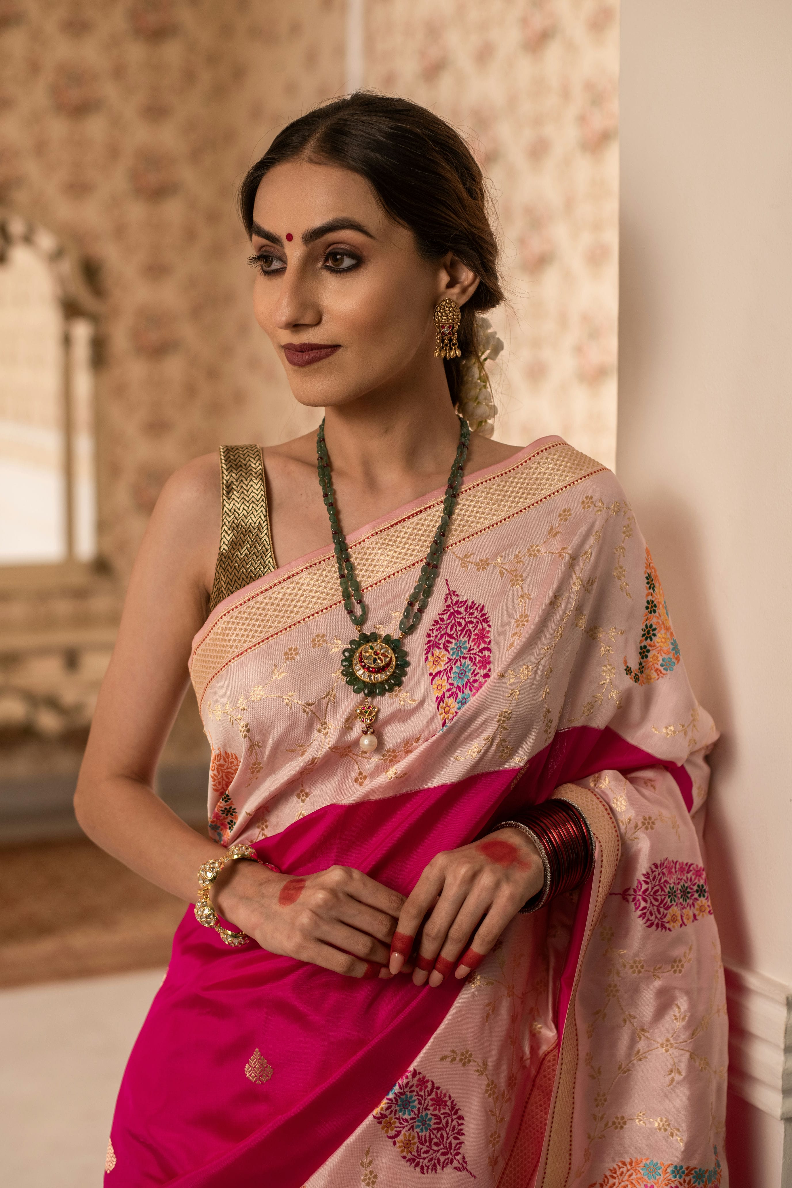 Paithani-Inspired Ektara Banarasi Silk Saree with Dual Contrast Borders and Paisley Bootas