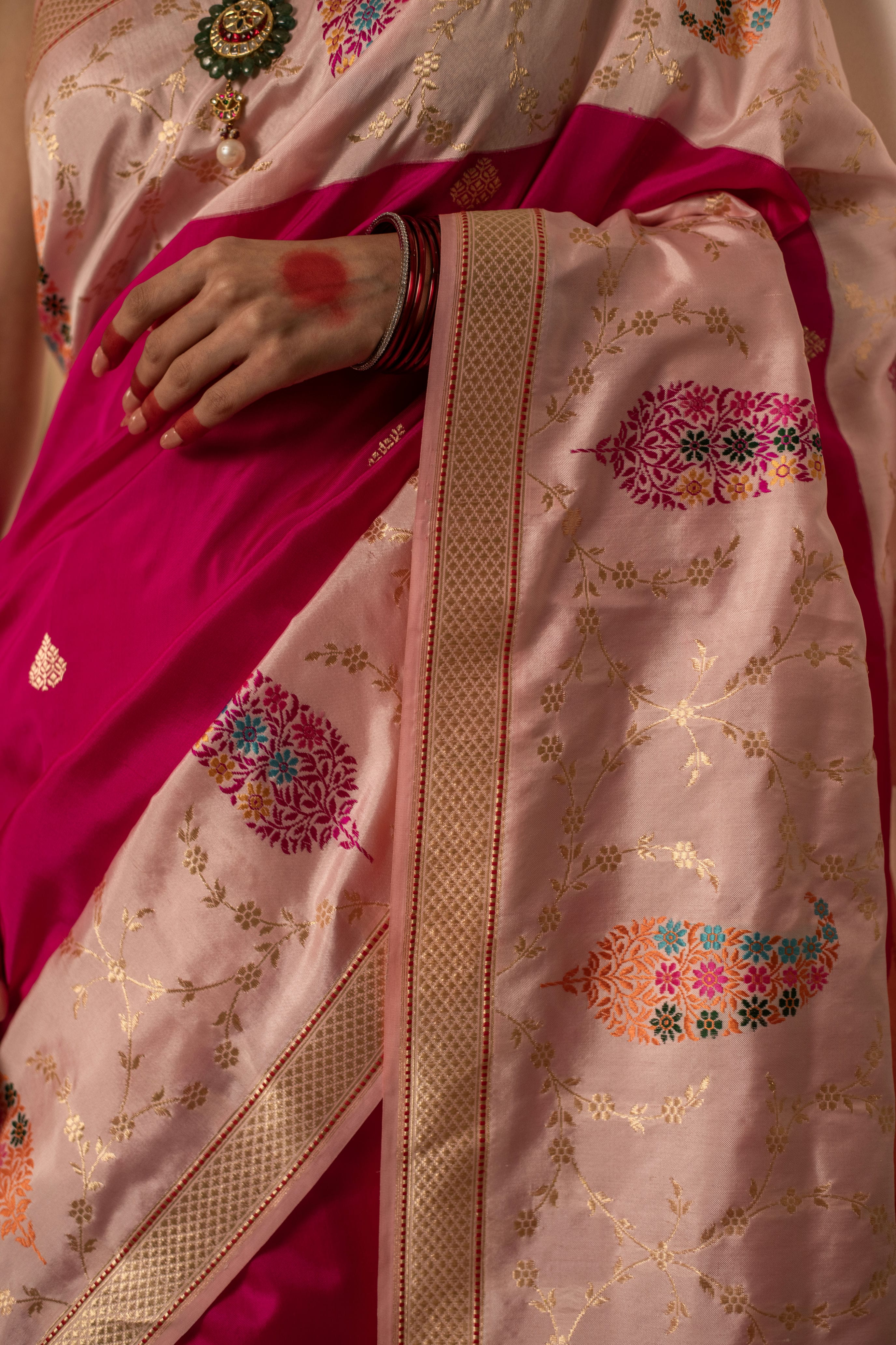 Paithani-Inspired Ektara Banarasi Silk Saree with Dual Contrast Borders and Paisley Bootas