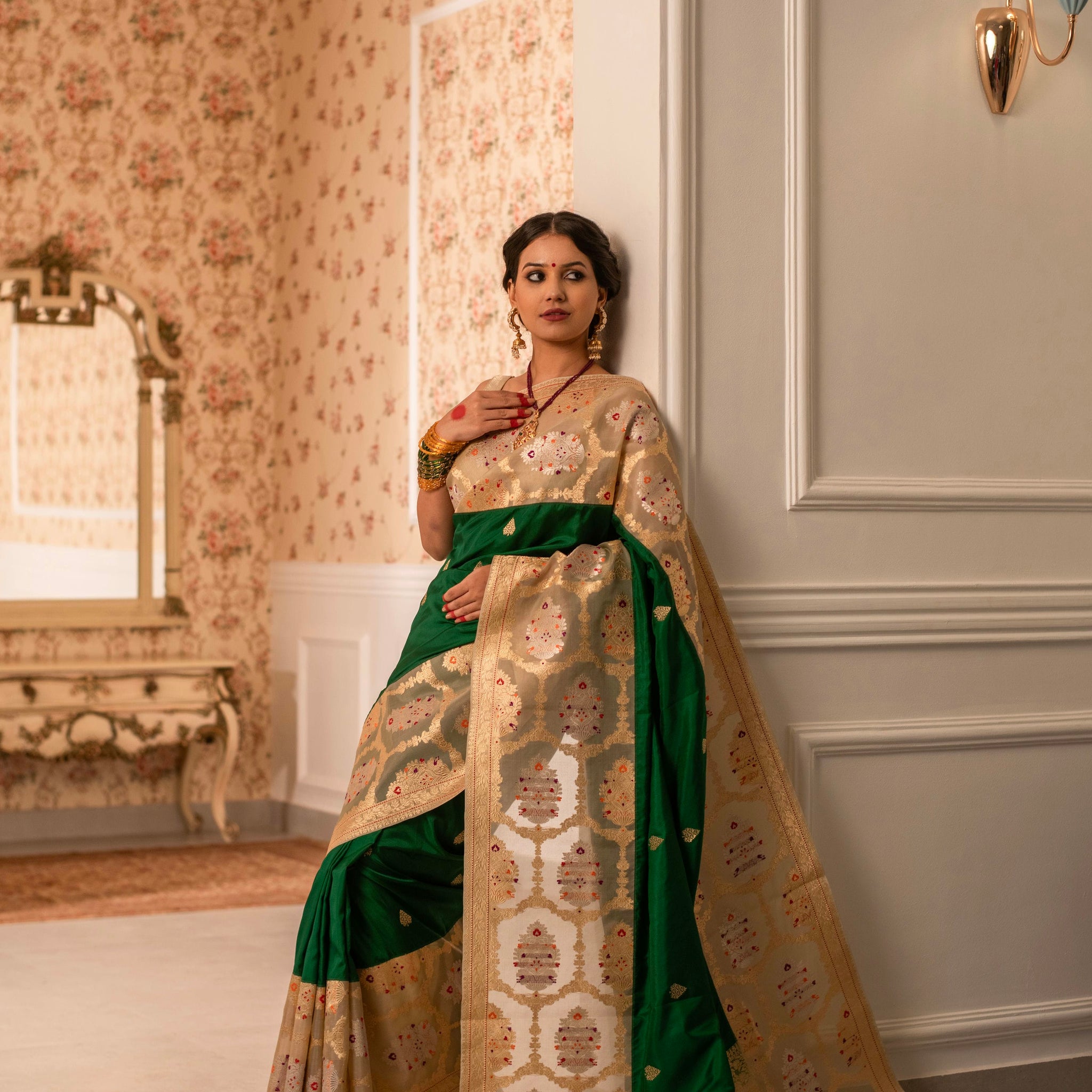 Traditional Ektara Katan Silk Saree with Kora Border and Kadwa Weave