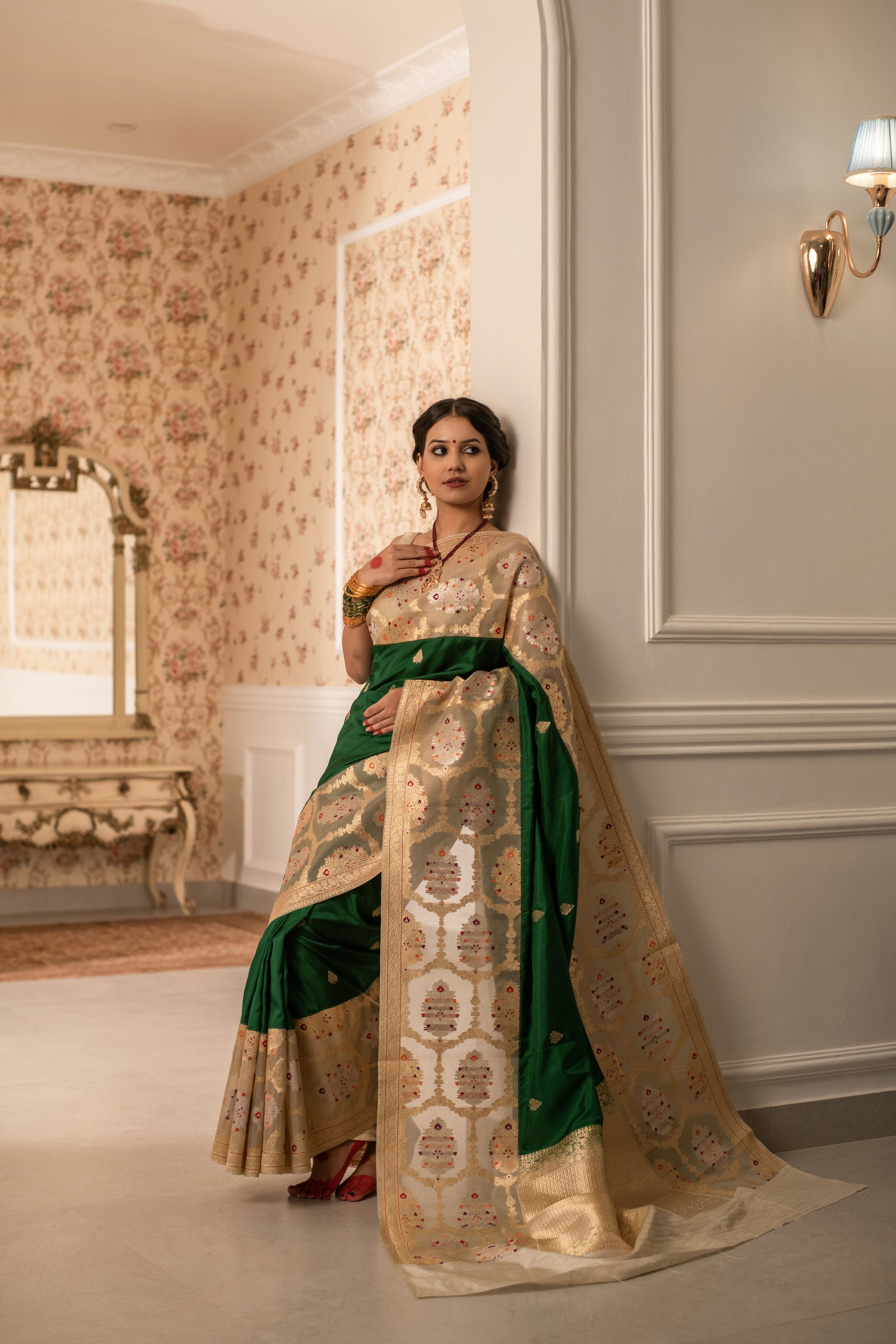 Traditional Ektara Katan Silk Saree with Kora Border and Kadwa Weave