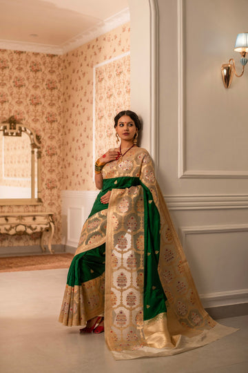Traditional Ektara Katan Silk Saree with Kora Border and Kadwa Weave