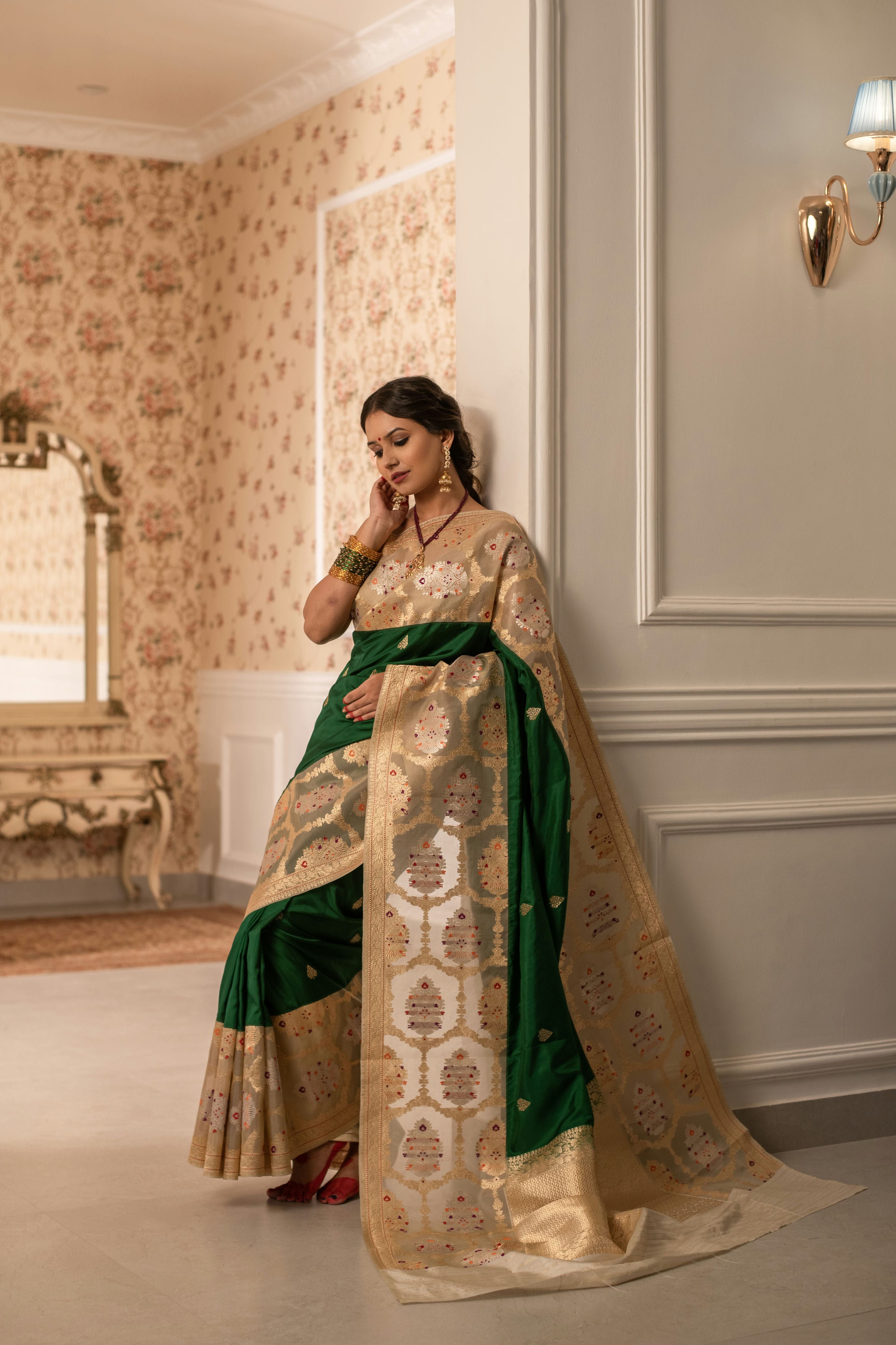 Traditional Ektara Katan Silk Saree with Kora Border and Kadwa Weave