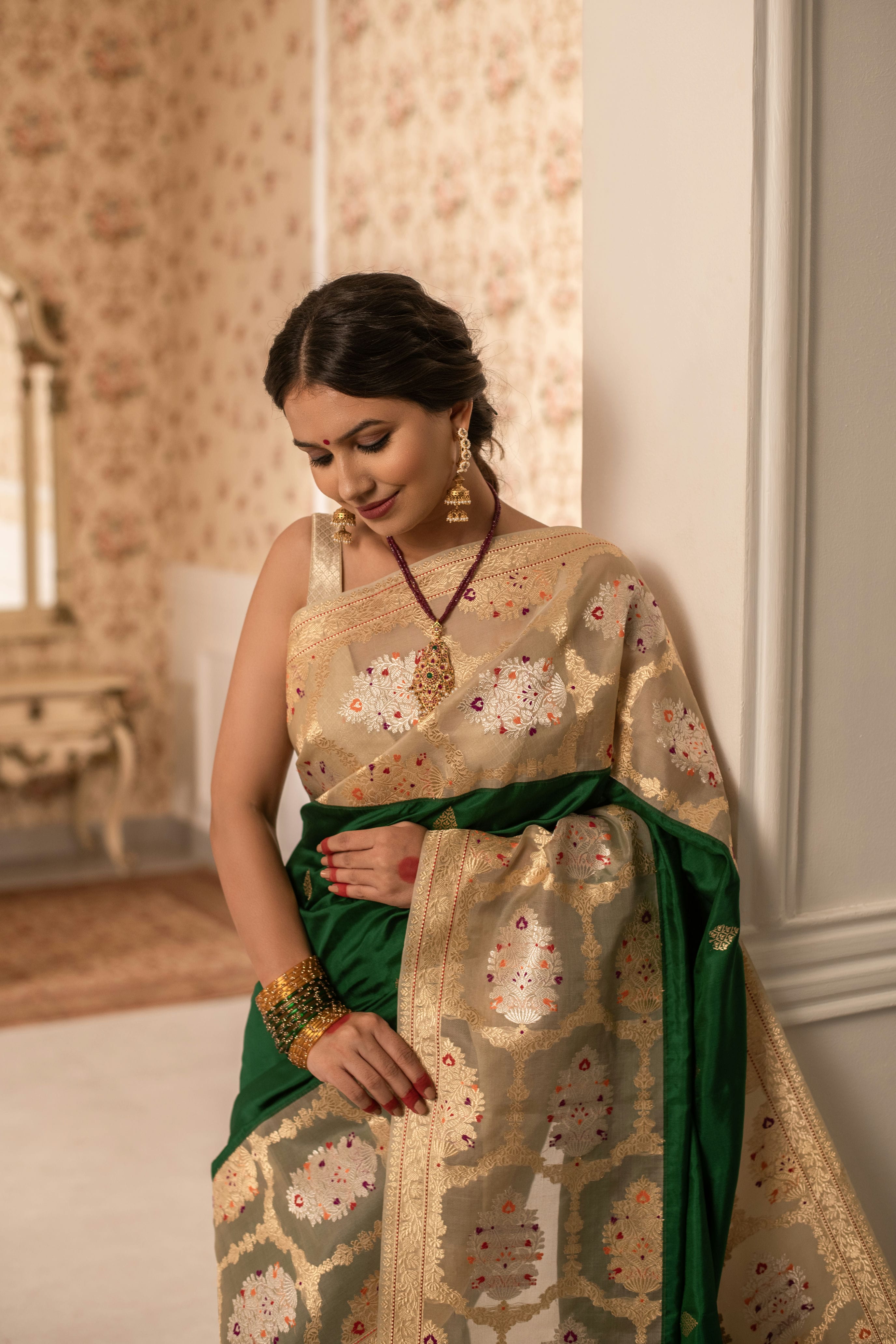 Traditional Ektara Katan Silk Saree with Kora Border and Kadwa Weave