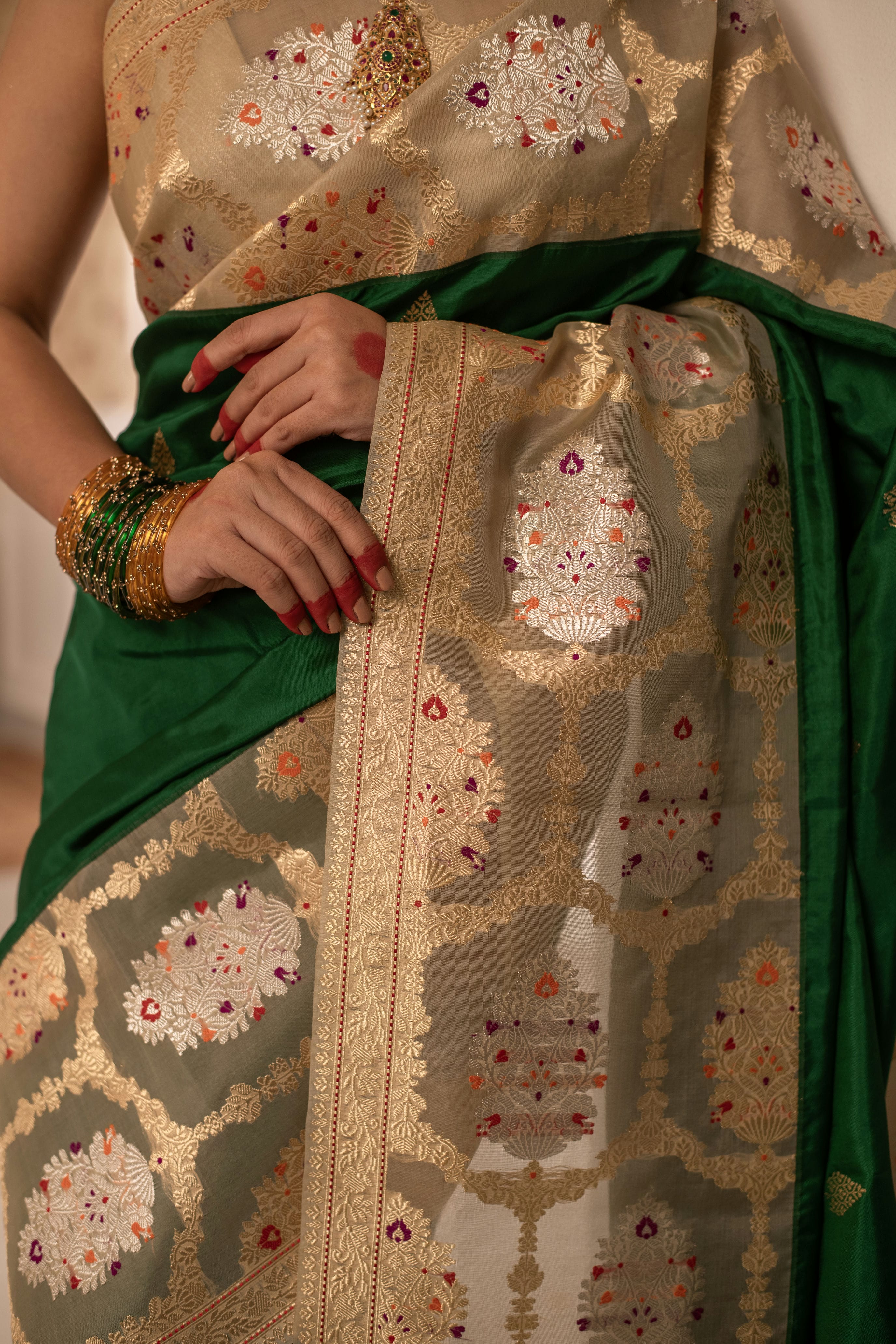 Traditional Ektara Katan Silk Saree with Kora Border and Kadwa Weave