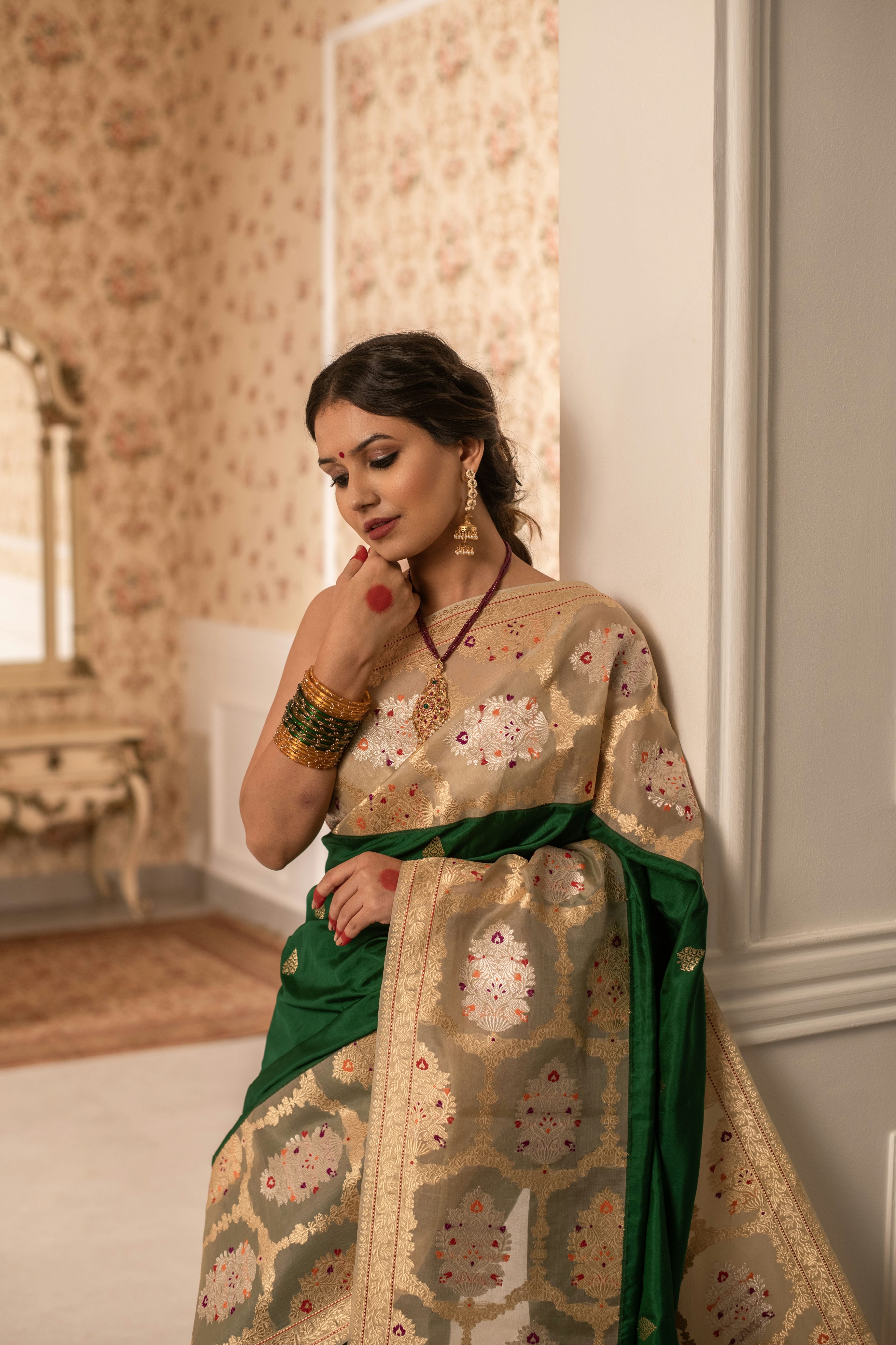 Traditional Ektara Katan Silk Saree with Kora Border and Kadwa Weave