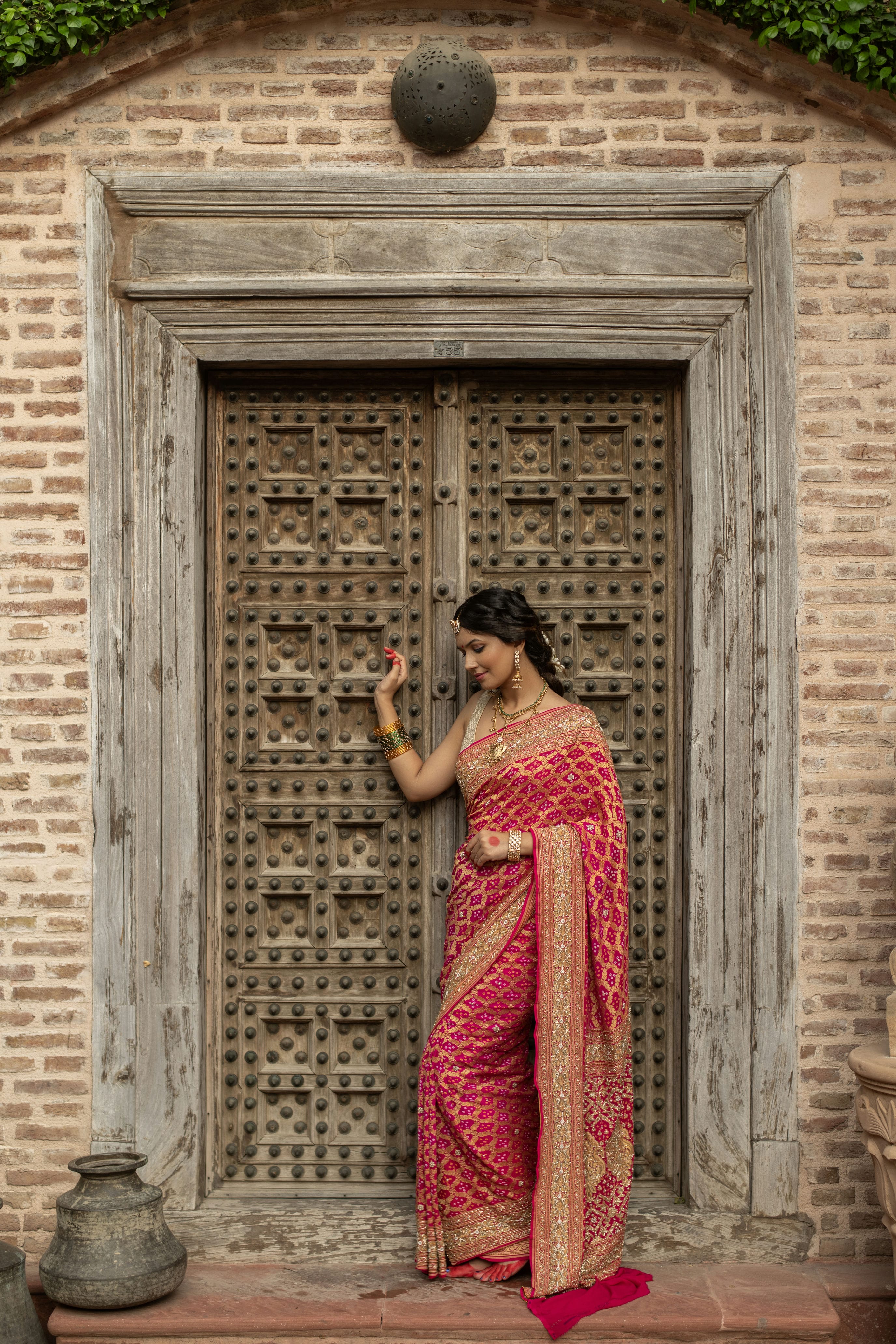 Radiant Banarasi Georgette Bandhani Gharchola Saree with Exquisite Hand Embroidery